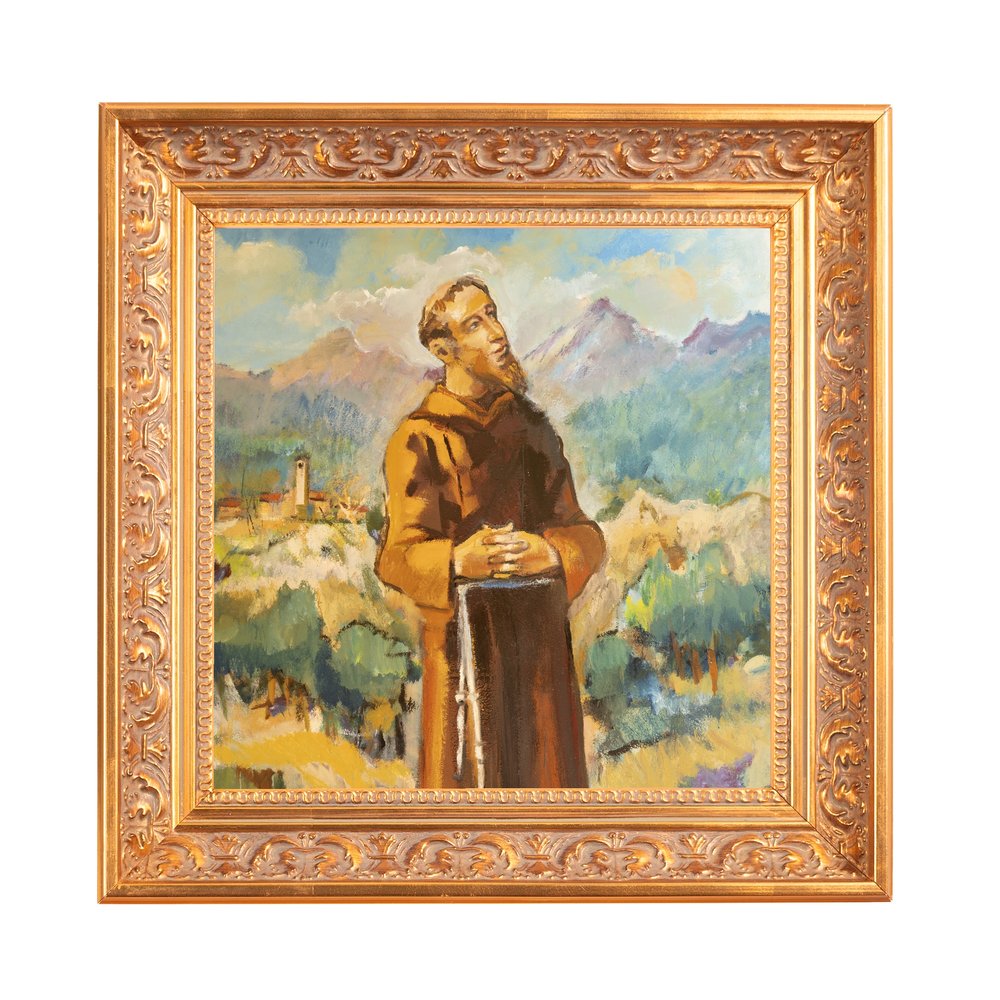 Framed oil painting of a monk in brown robes, landscape backdrop, ornate gold frame.