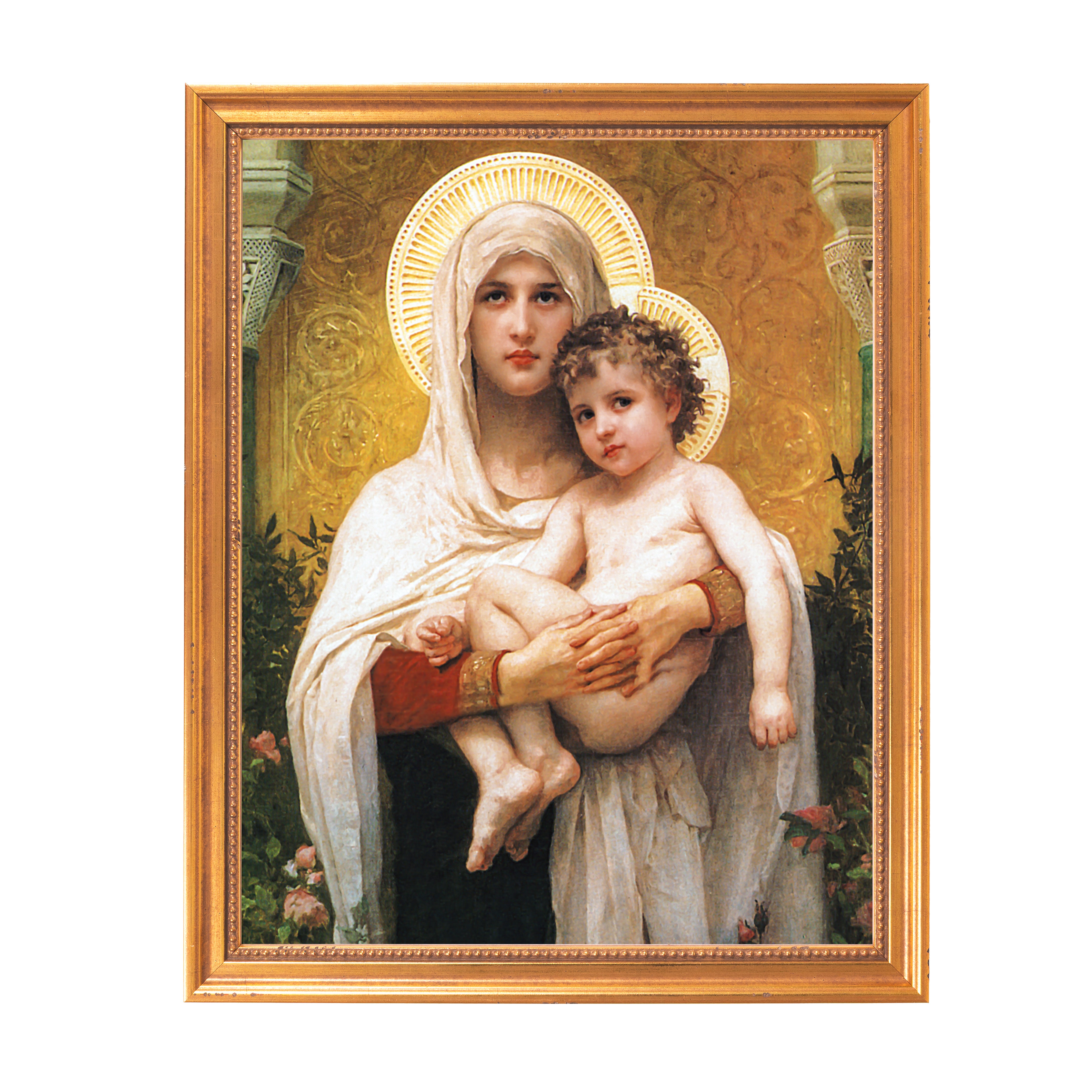 Framed painting of Mary and infant Jesus, rendered in golds and earth tones, in a gold frame.