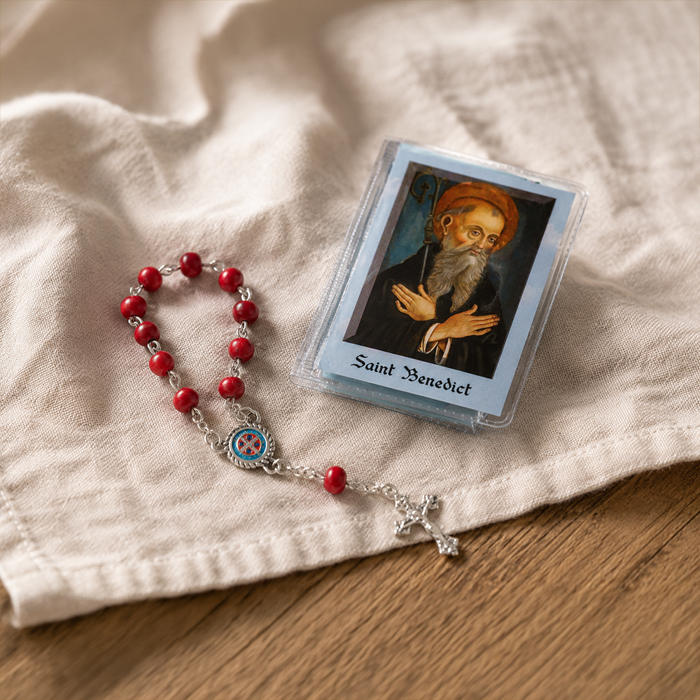 St. Benedict One Decade Wood Rosary in Plastic Holder with Prayer Leaflet
