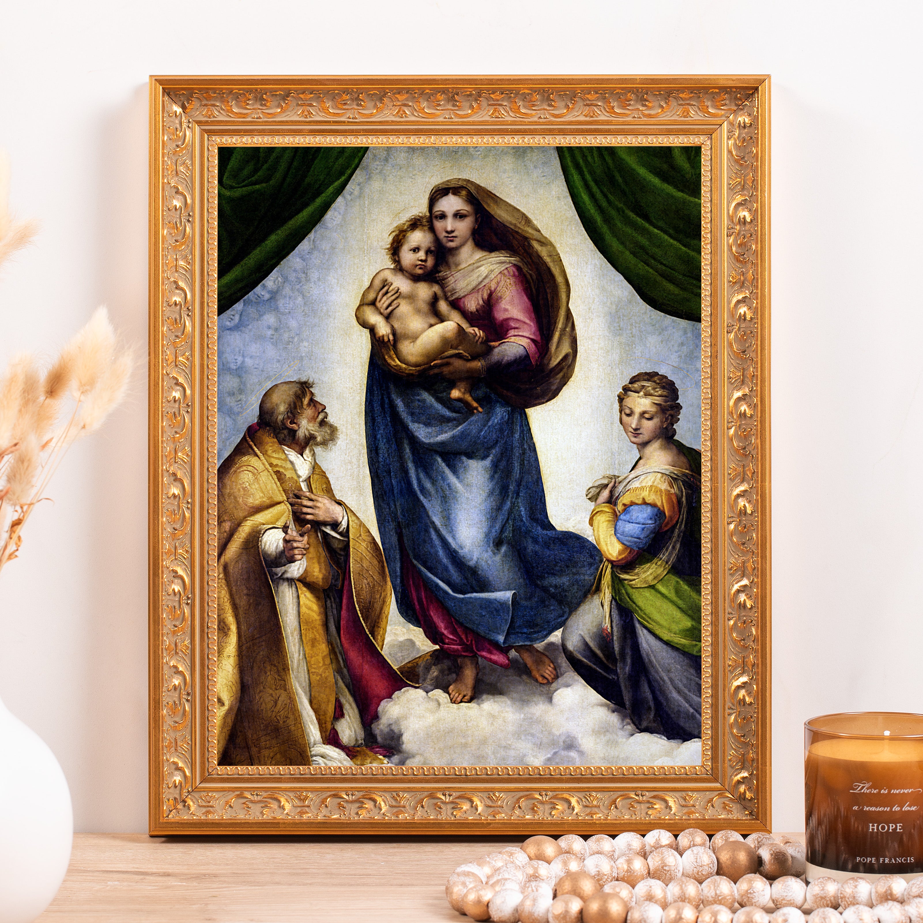 Framed art print of Madonna del Baldacchino with a gold ornate frame, for home decor.