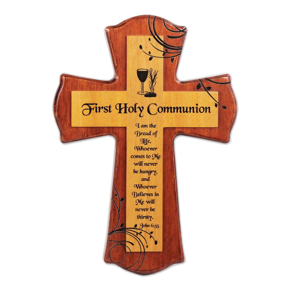 Wooden cross for First Holy Communion featuring religious text and decorative leaf accents.
