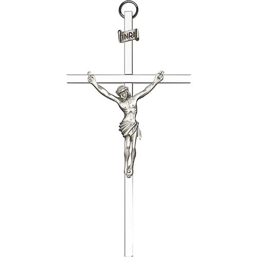 6 inch Antique Silver Crucifix on a Polished Silver Finish Cross