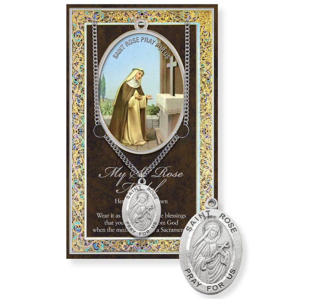 St. Rose of Lima Pewter Medal Necklace & Prayer Card Pamphlet - 18"