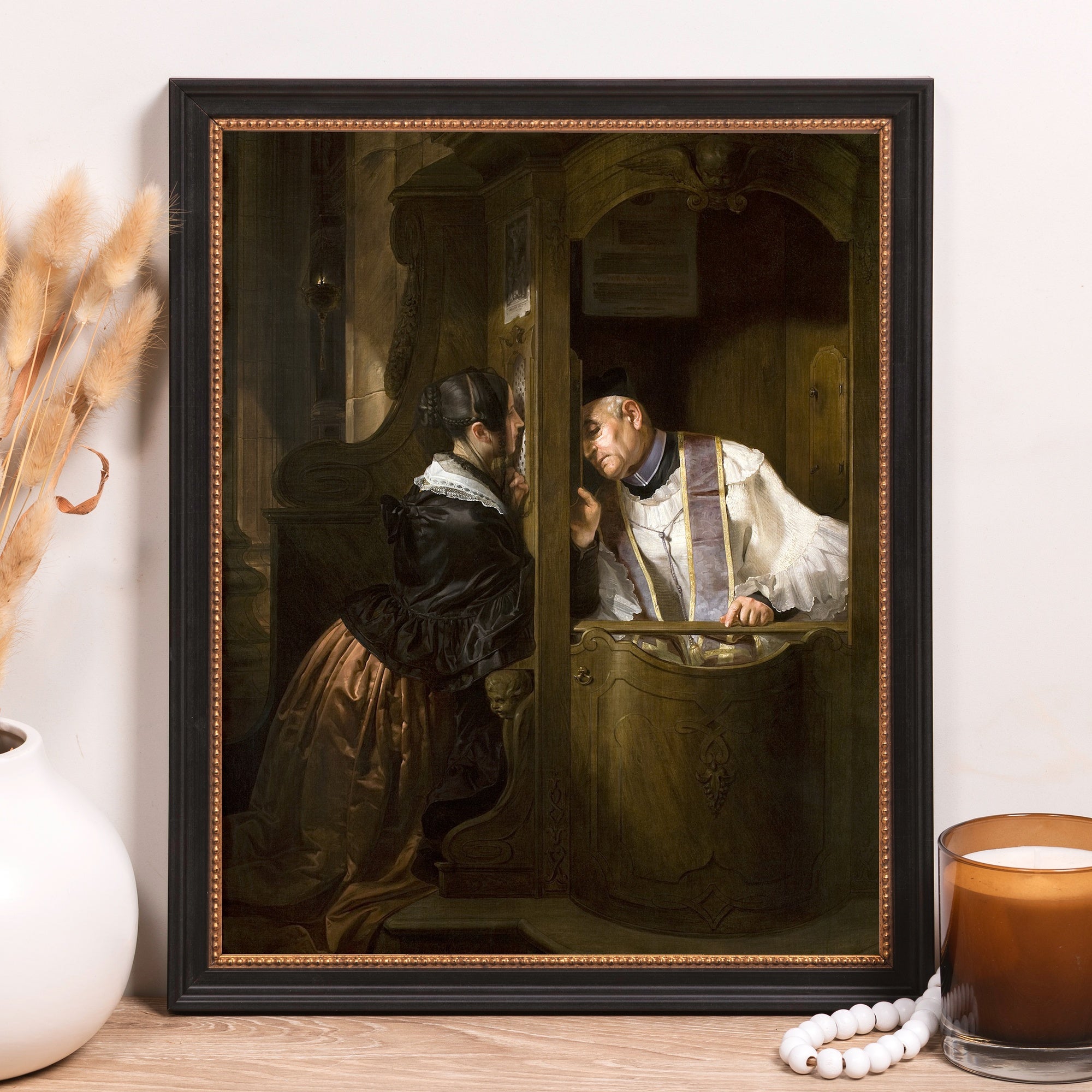 Framed portrait showing confession with a priest and parishioner in antique style.