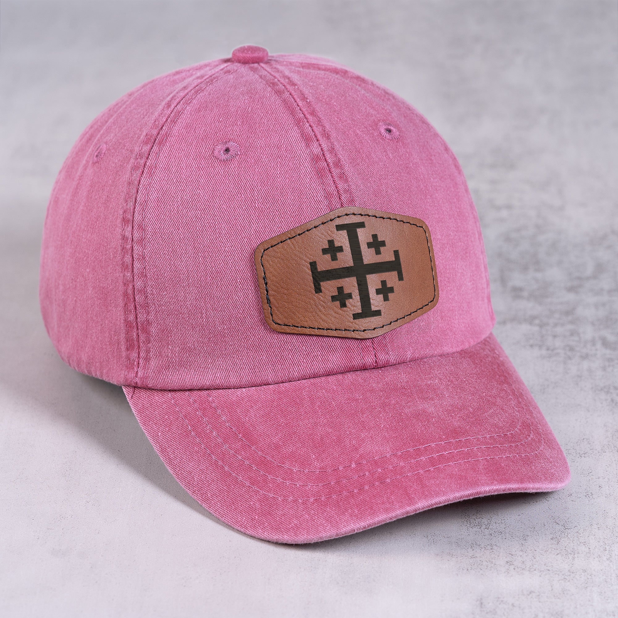 Red Jerusalem Cross Leather Patch Ball Cap