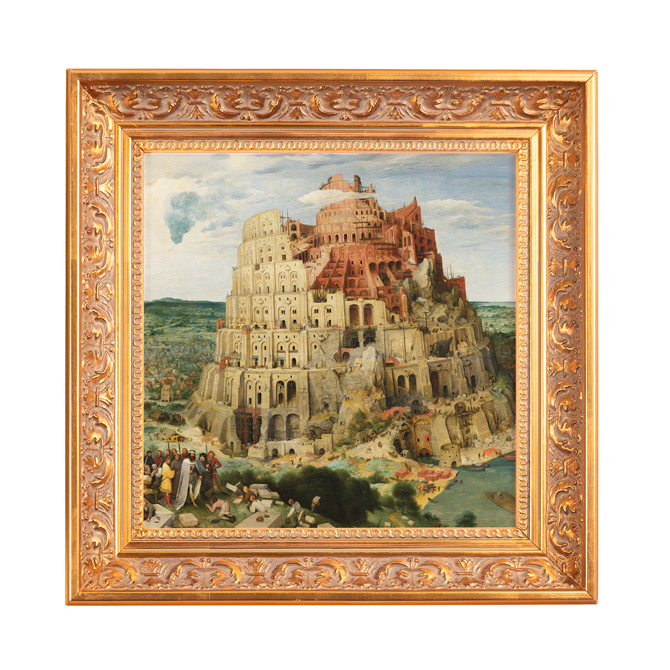 Framed print of "Tower of Babel" painting in ornate gold frame, displayed as wall art.