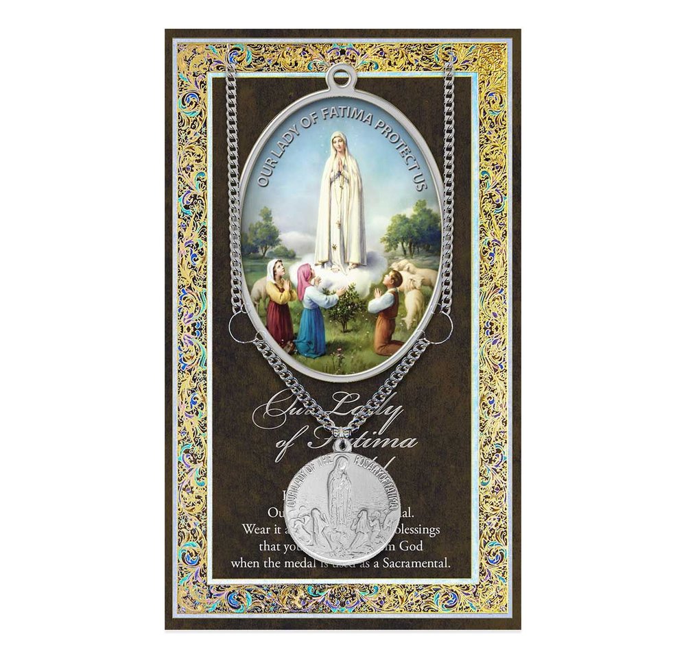 Our Lady of Fatima Pewter Medal Necklace & Prayer Card Pamphlet - 18