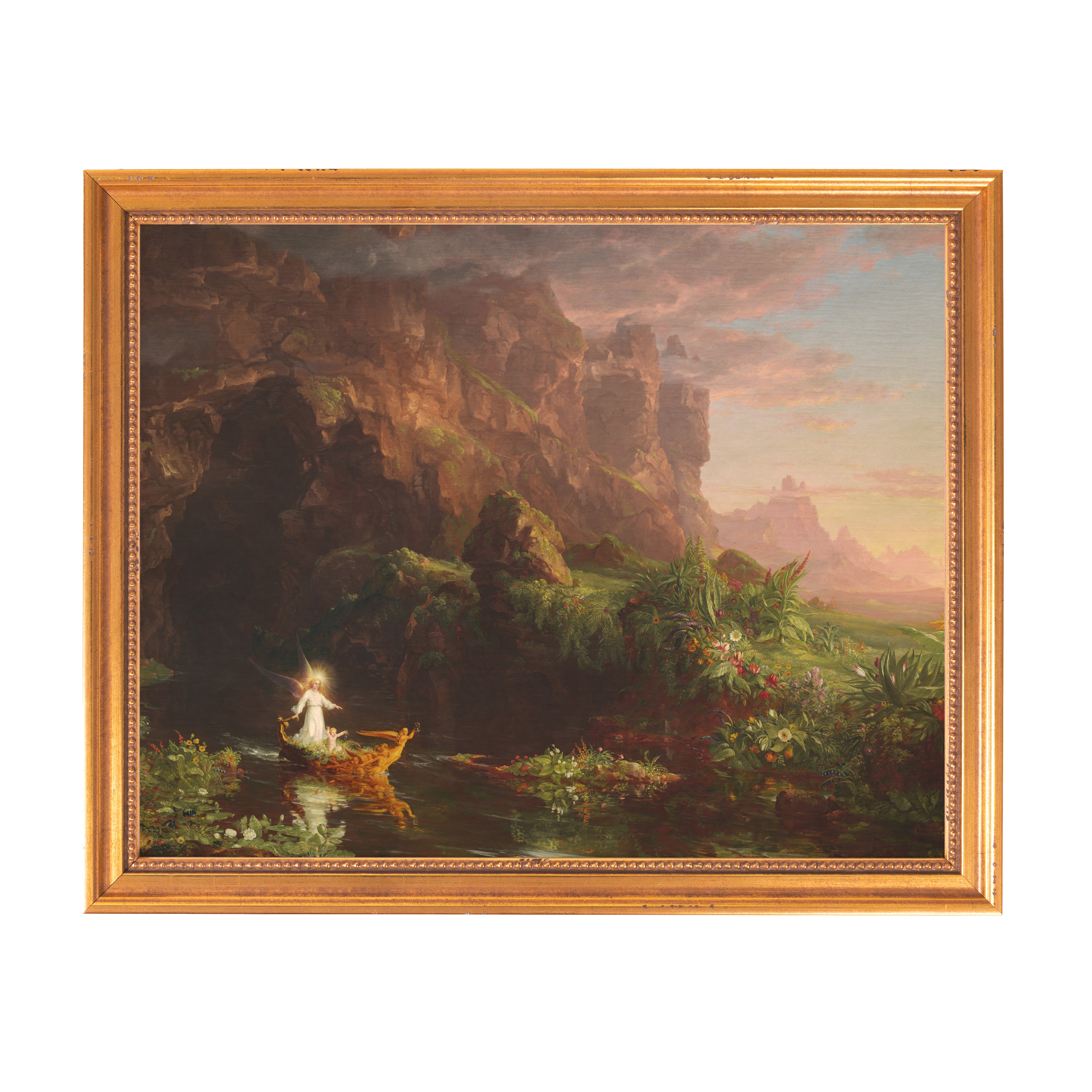 Framed artwork: Painting of a river landscape with a golden boat containing a luminous woman and child.