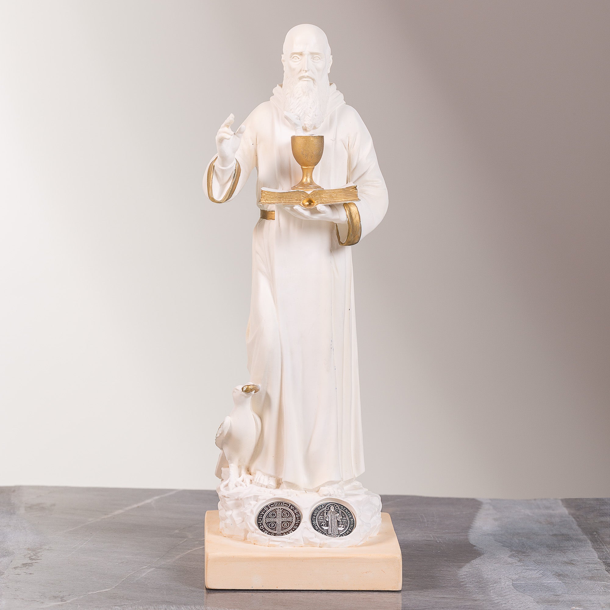 White & Gold Italian St. Benedict Statue - 11.8"