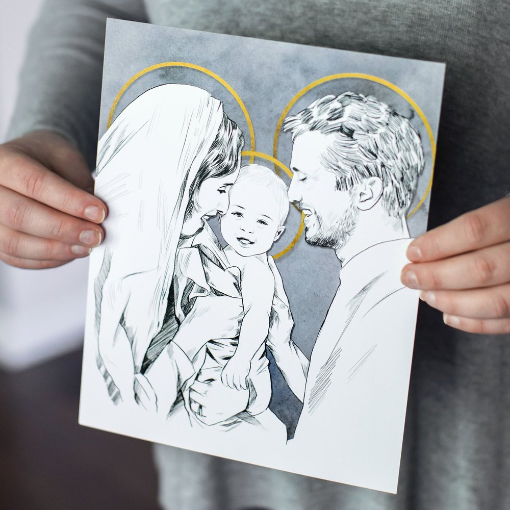 Unframed Holy Family Pen & Ink Portrait - 8" x 10"