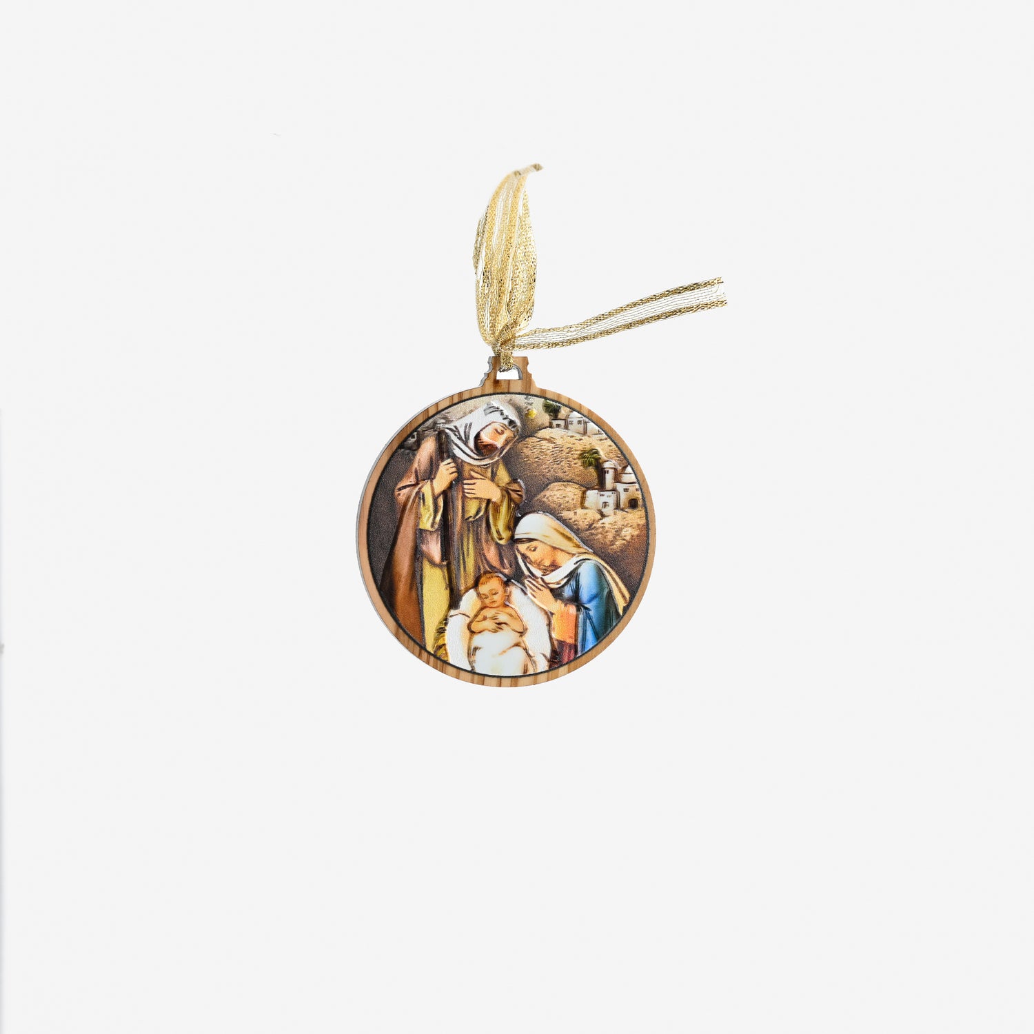 3D Olive Wood Holy Family Nativity Ornament - 3"