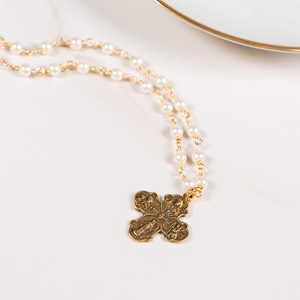 Beaded Freshwater Pearl & Four Way Cross Necklace | The Catholic