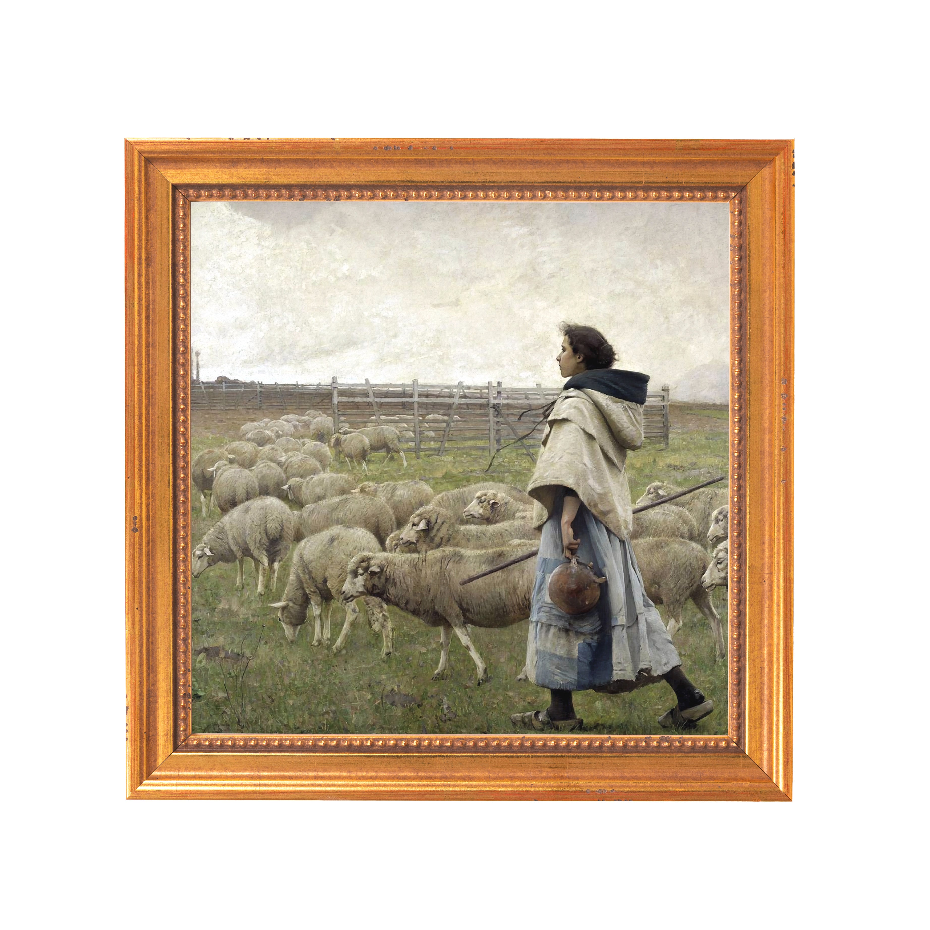 Framed painting shows a woman herding sheep, rendered in muted colors with a rustic, textured gold frame.