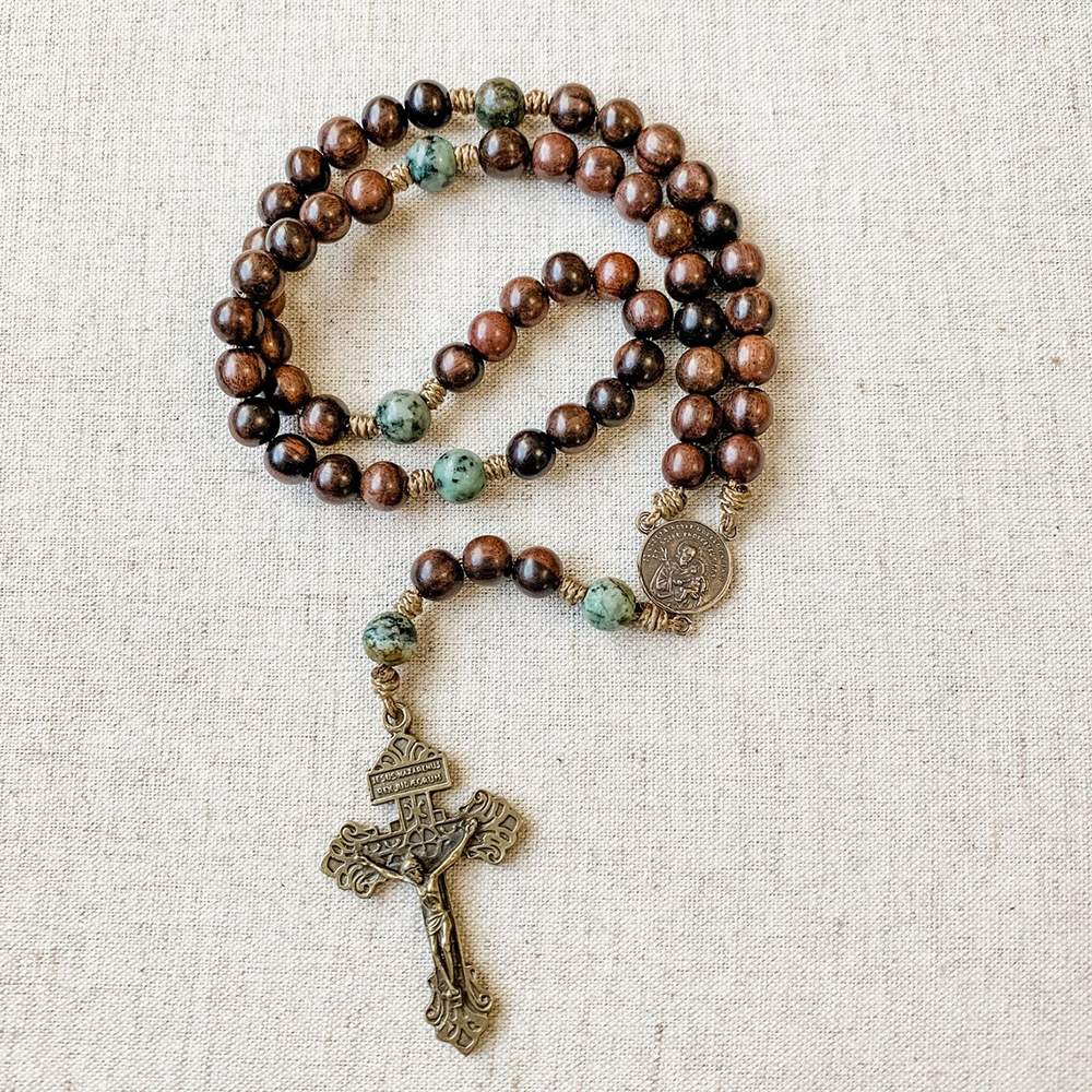 St. Joseph & Two Hearts Wood Bead Corded Rosary