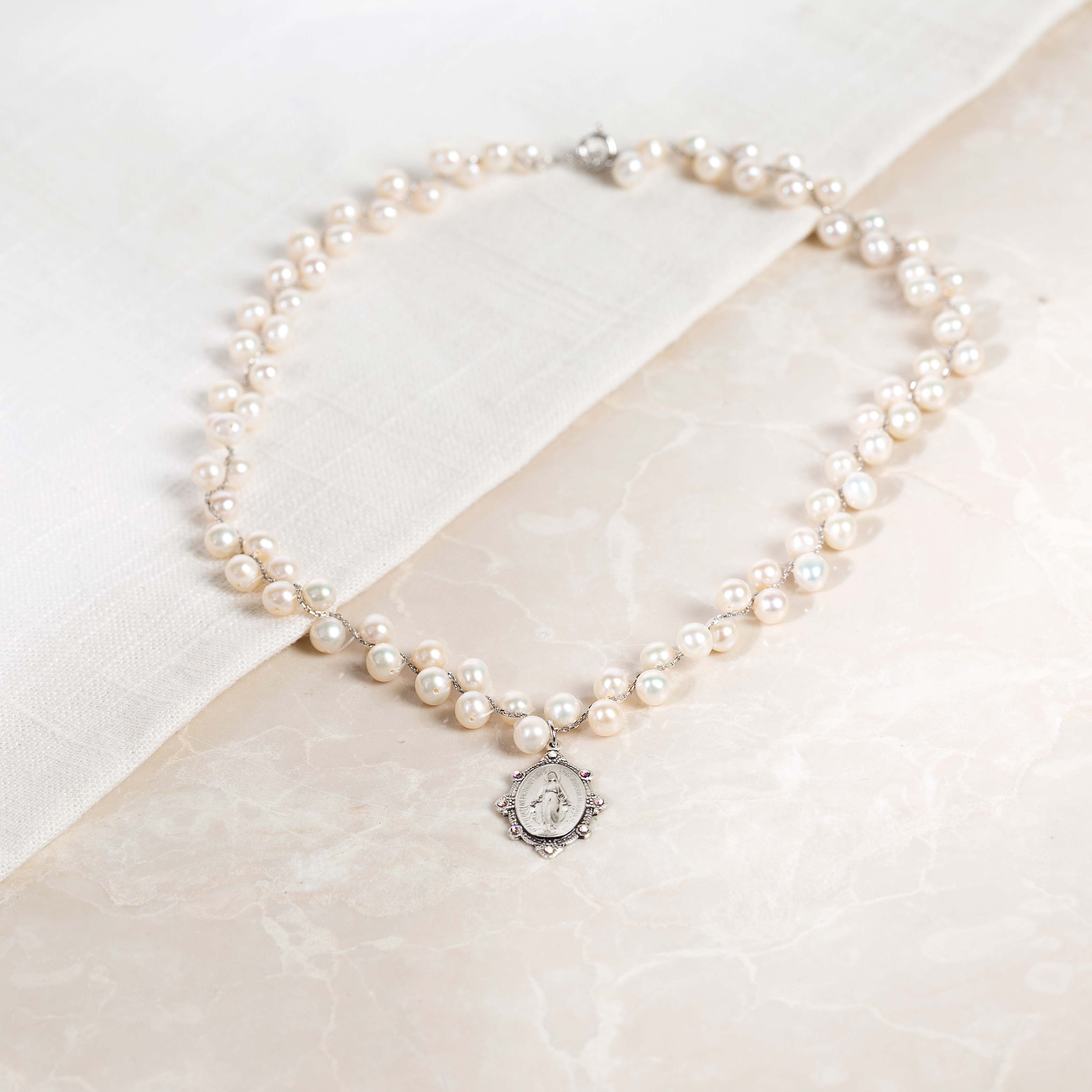 Grapevine Pearl Miraculous Medal Swarovski Necklace
