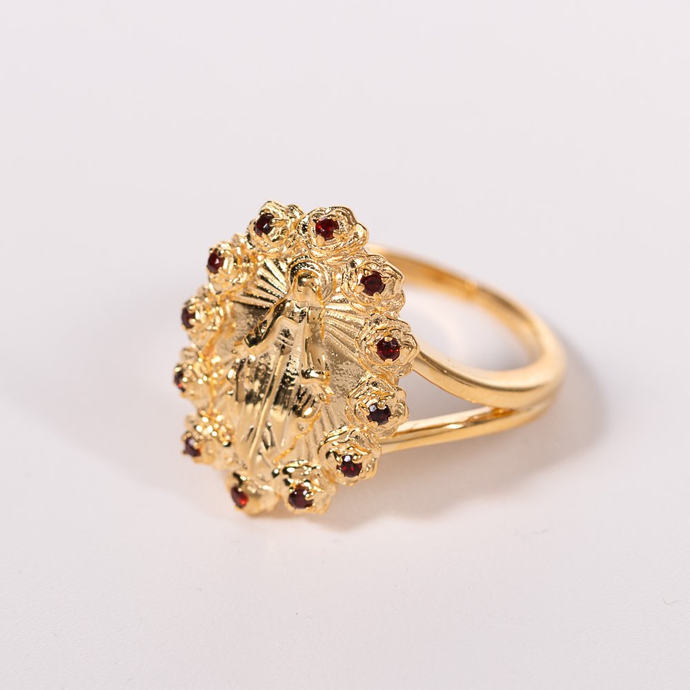 Gold Miraculous Medal & Rose Halo Adjustable Ring