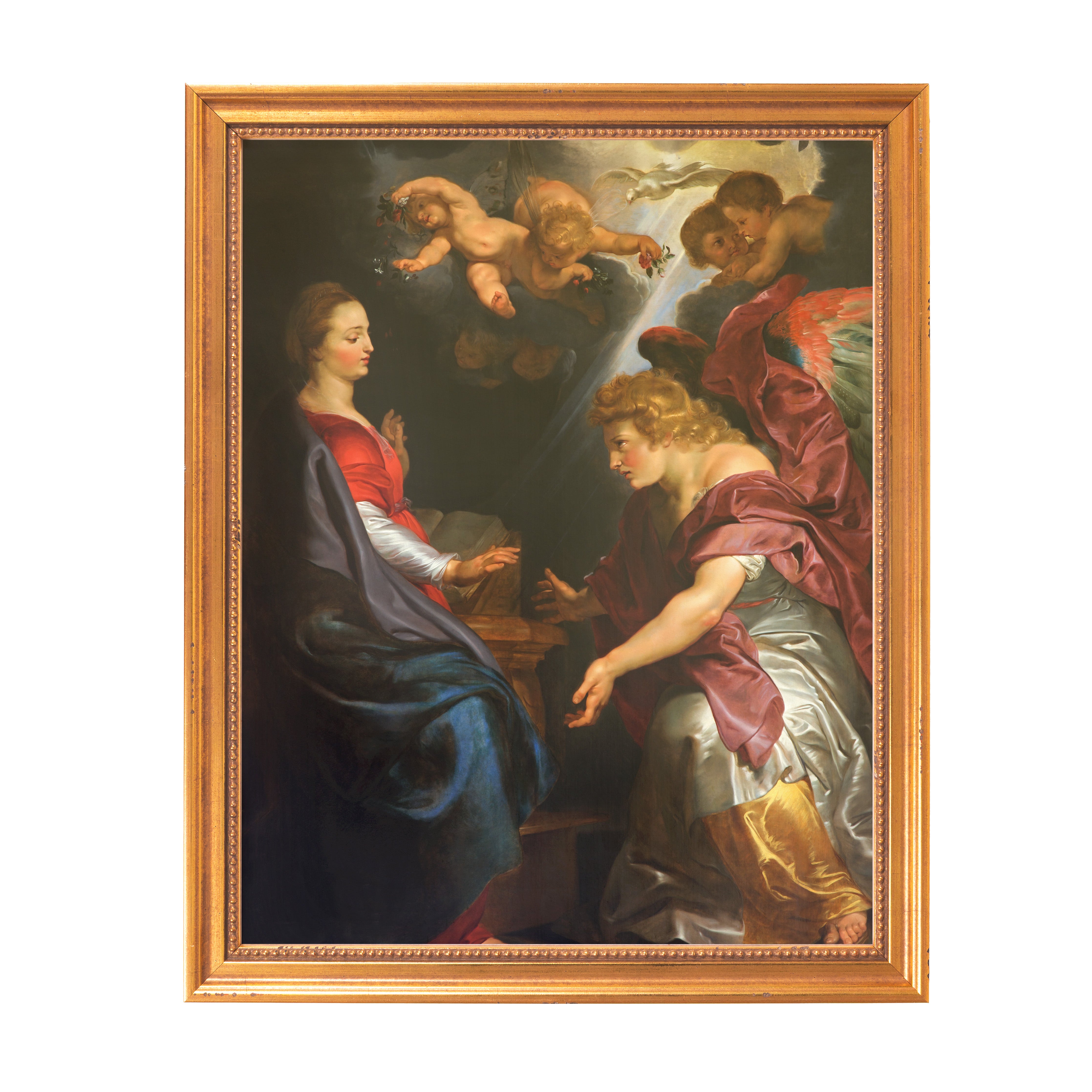 Framed, Oil painting depicts the Annunciation scene with Mary, angel Gabriel, and cherubs in golden frame.