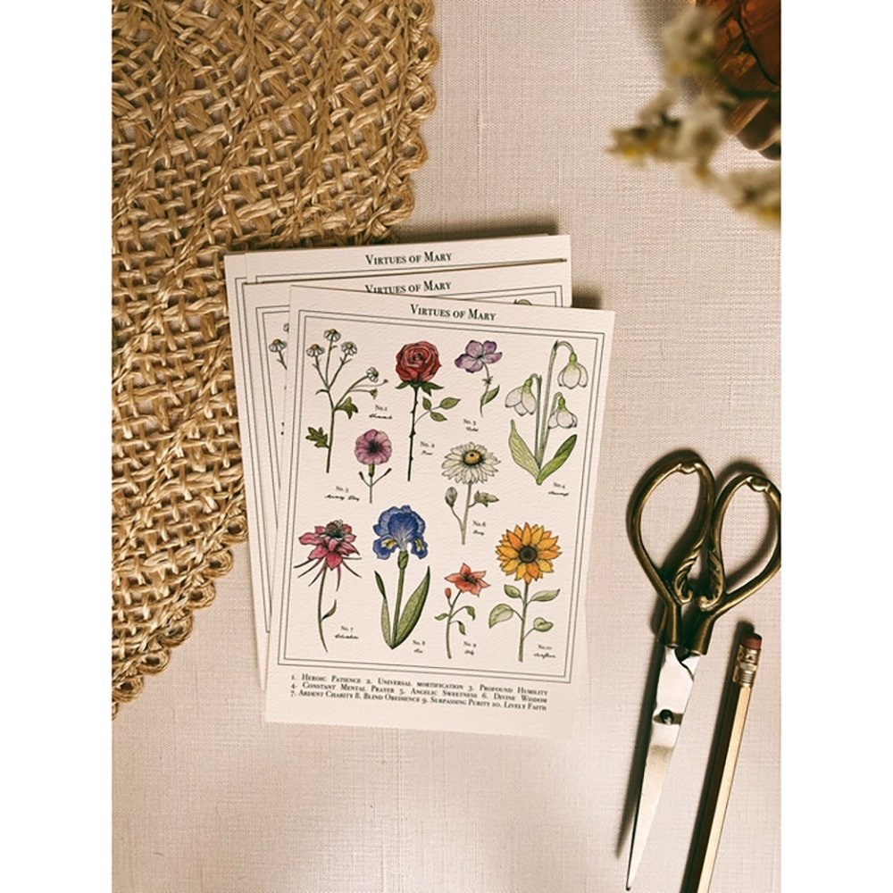 Virtues of Mary Floral Prayer Cards - Set of 10