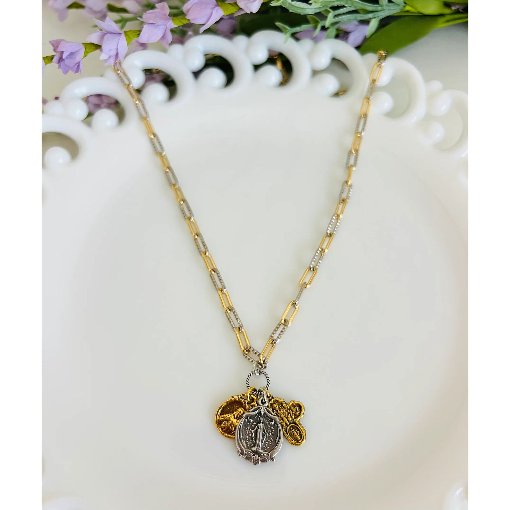 Gold & Silver Paperclip Catholic Charm Necklace