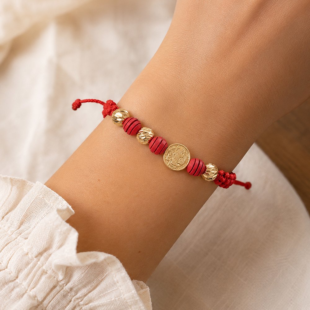 St. Benedict Red Cord Bracelet with Gold Medal