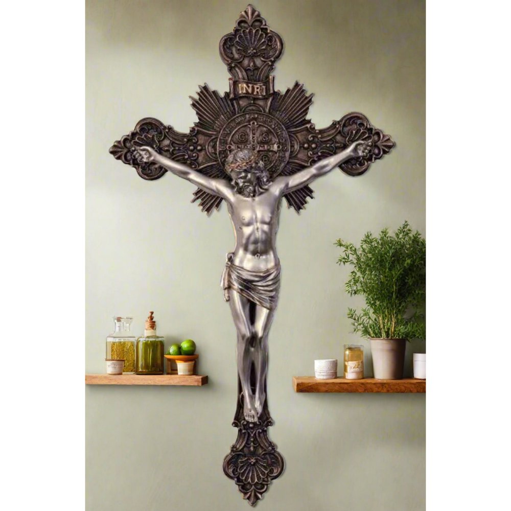 Bronze & Pewter Style Baroque St Benedict Crucifix - 19"