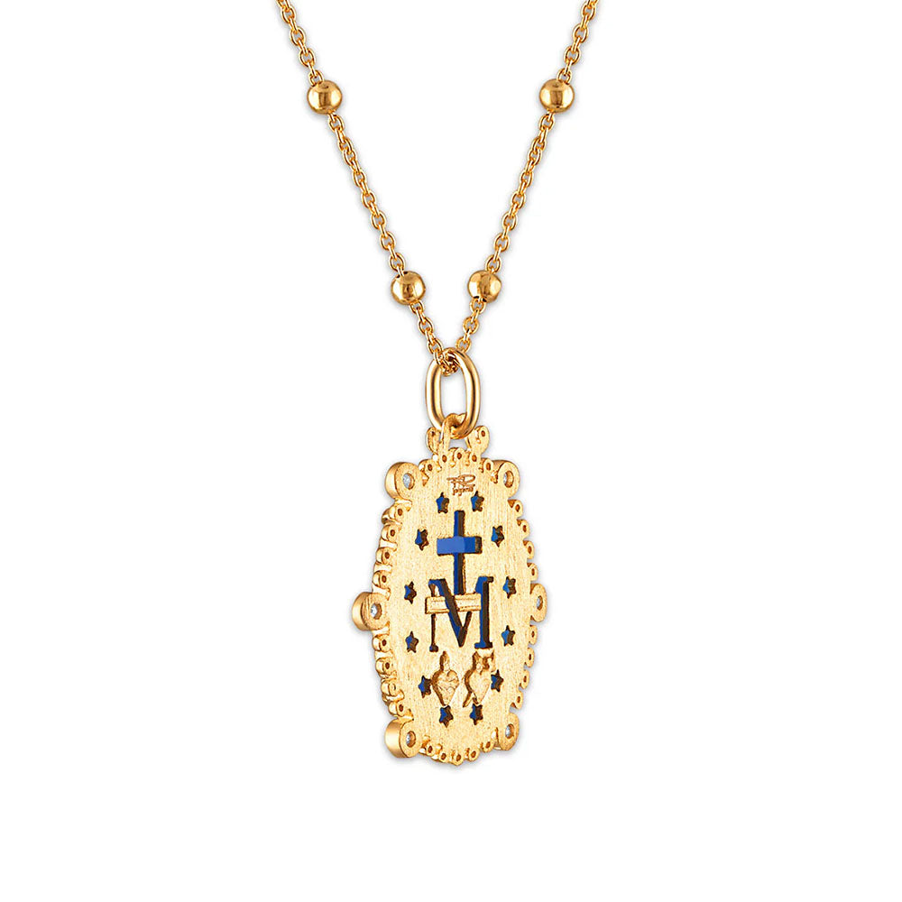 Gold necklace with Miraculous Medal pendant in blue enamel and starburst design.