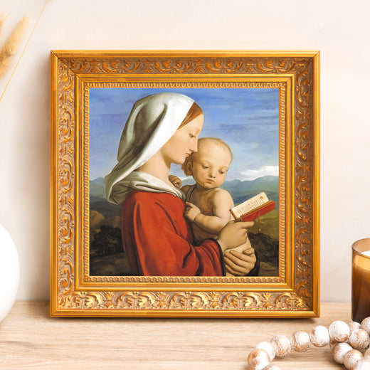 Framed "Madonna and Child" print, gold-tone frame, Renaissance style decor.