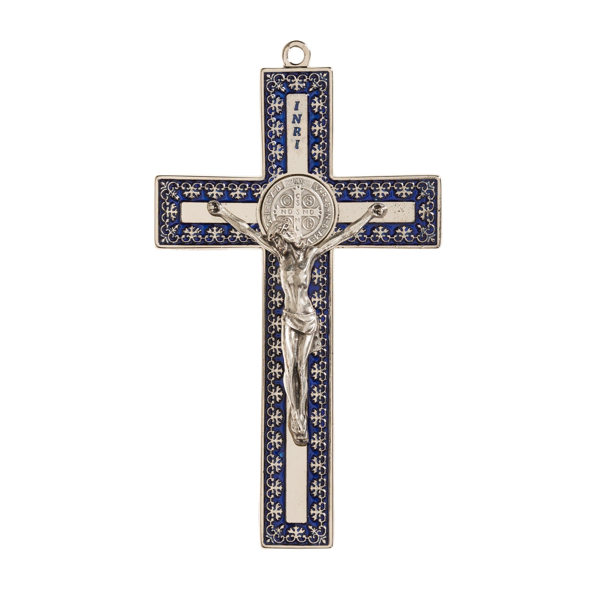 Silver St. Benedict Crucifix with Blue Enamel Accent - 4.7"