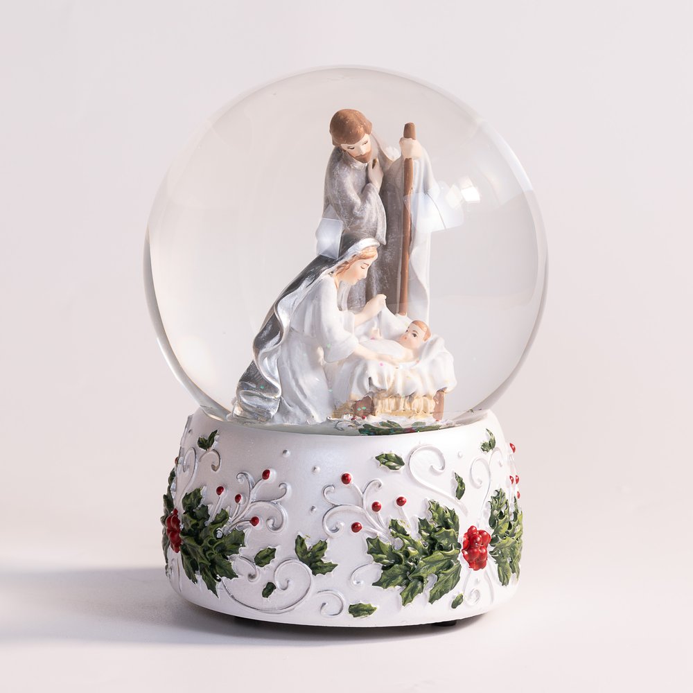 Holly Berry & Silver Holy Family Musical Snow Globe - 7" (H)