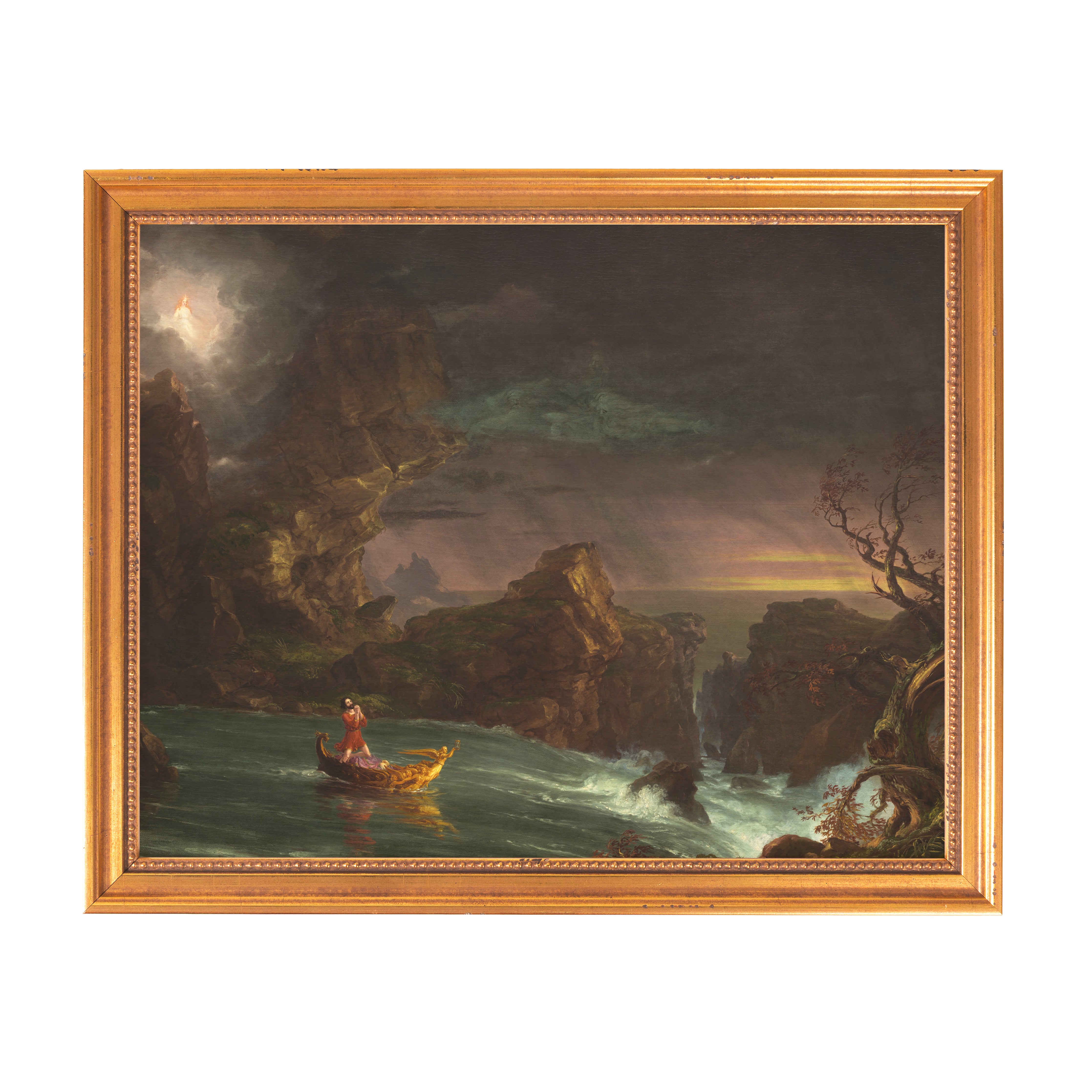 Framed Painting: Oil painting of a golden boat on the ocean surrounded by rocks under a stormy sky.