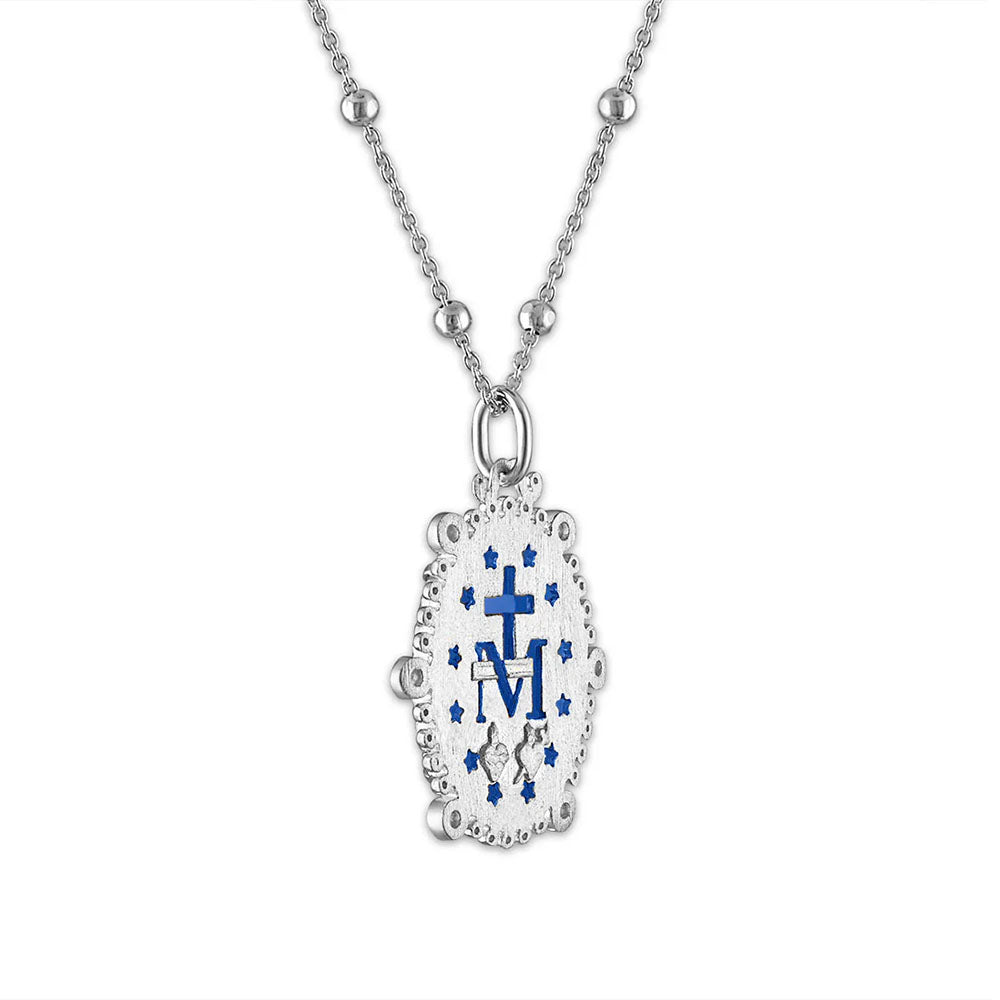 Silver necklace with blue Miraculous Medal, symbolic religious pendant.