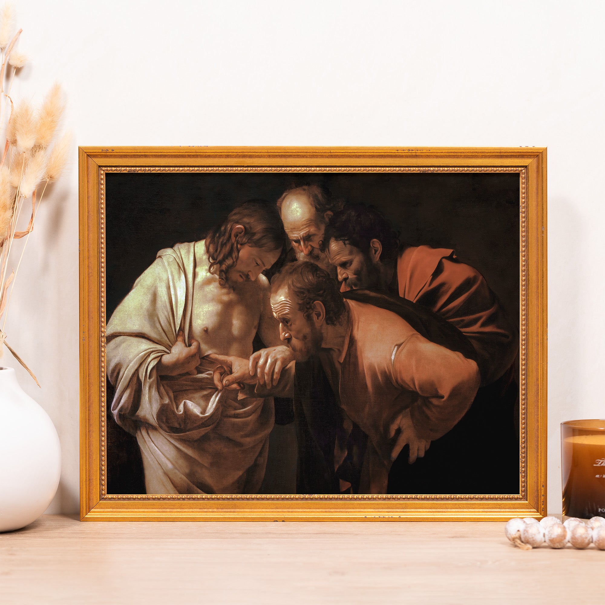 Framed "Doubting Thomas" print. Oil painting reproduction with a gold-tone frame.
