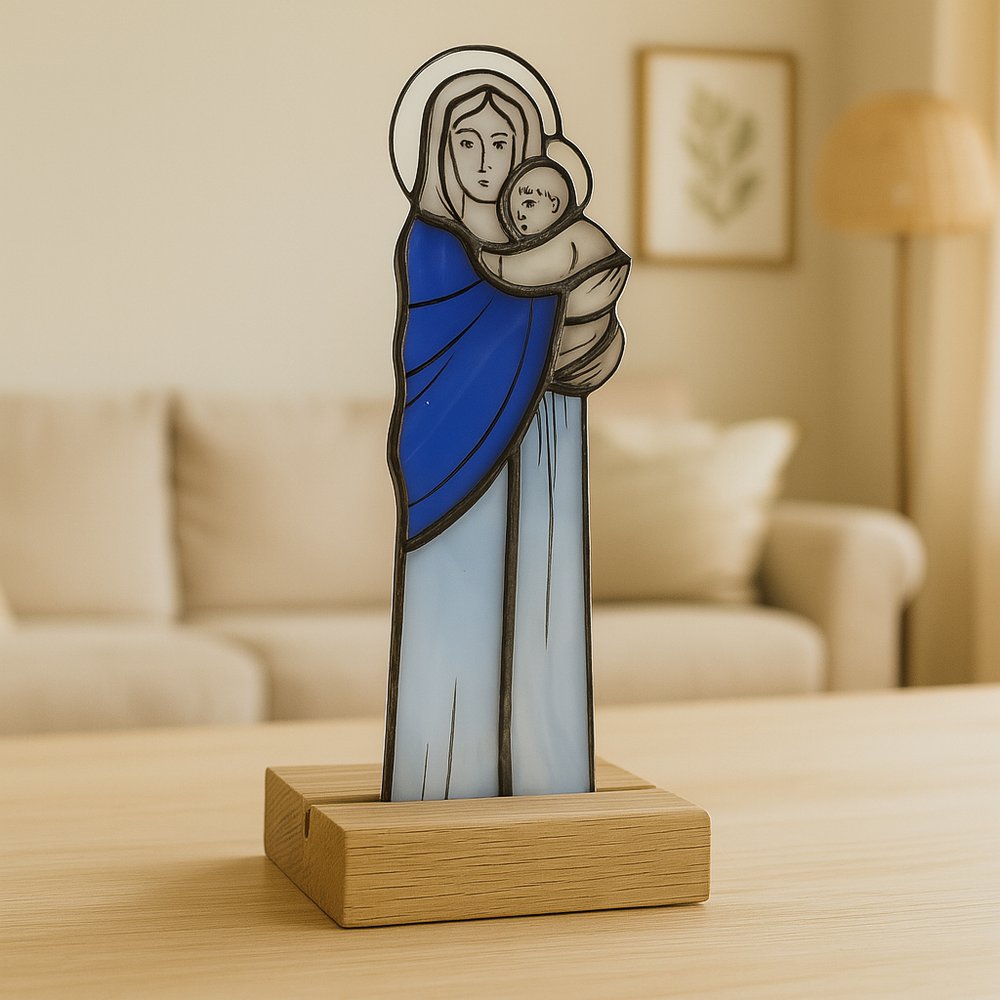 Handcrafted Madonna & Child Stained Glass Standing Plaque