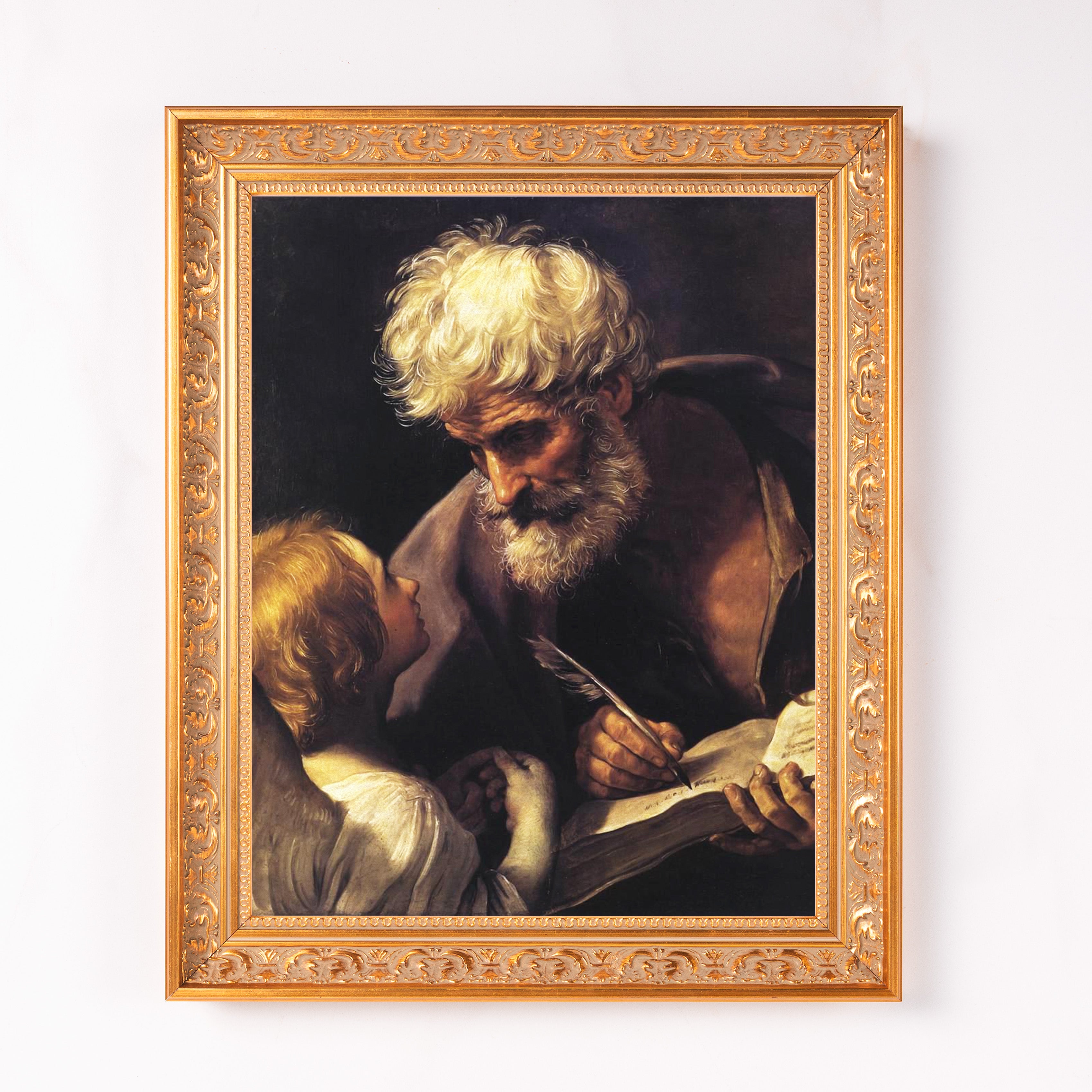 Framed, Religious oil painting features two figures in a gold frame.