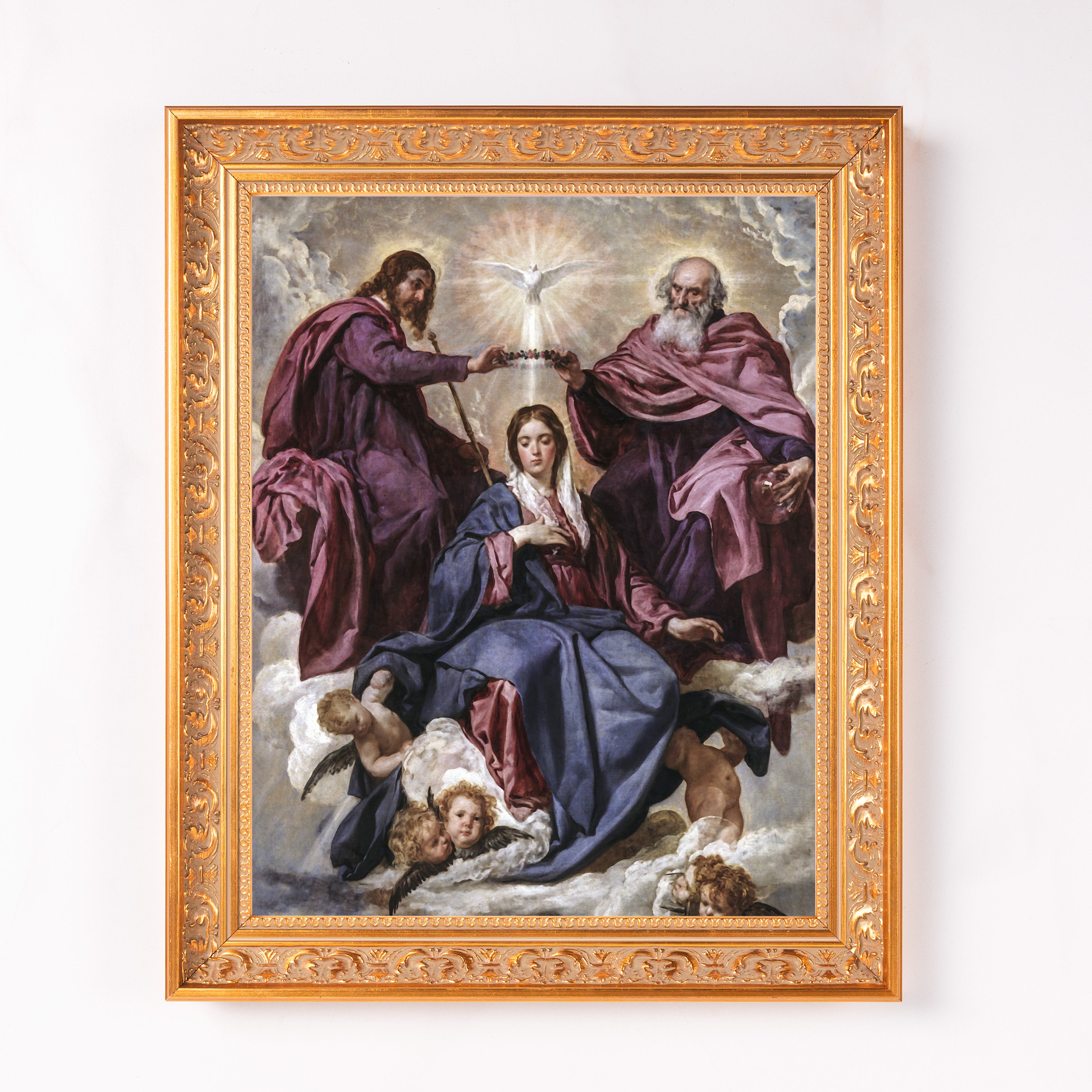 Framed Renaissance painting, "The Coronation of the Virgin," with gold ornate frame.