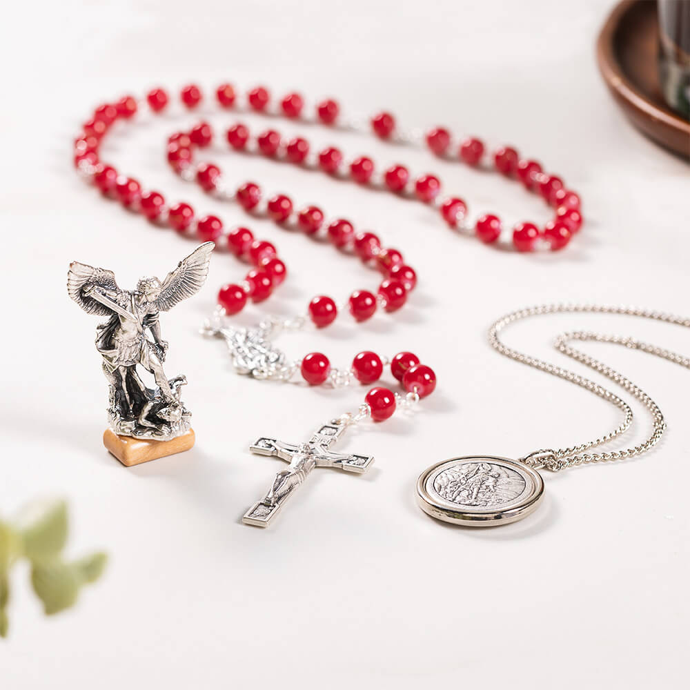 St. Michael Rosary, Necklace, & Figurine Gift Set