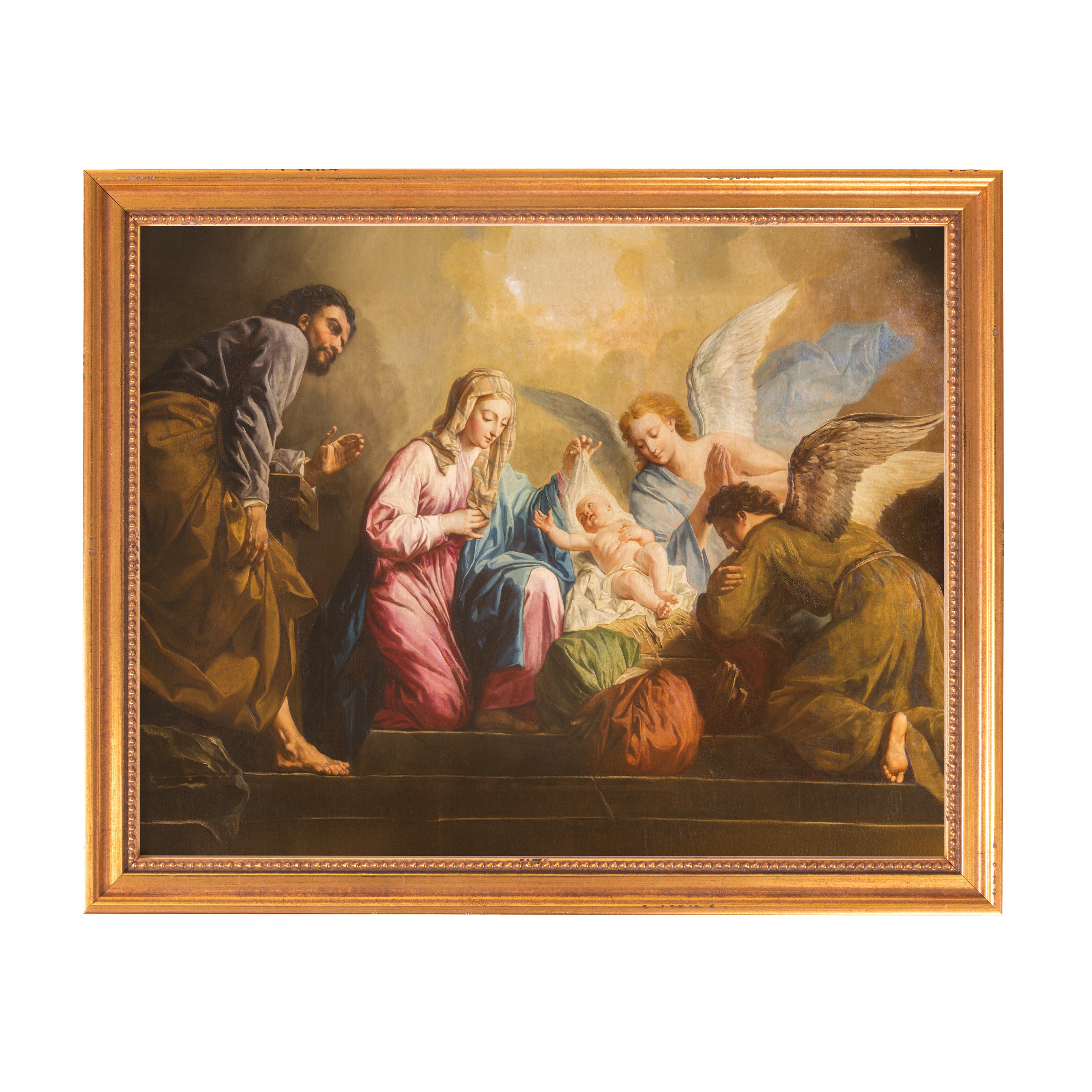 Framed Painting of the Nativity with Mary, Joseph, angels, and baby Jesus in a golden frame.