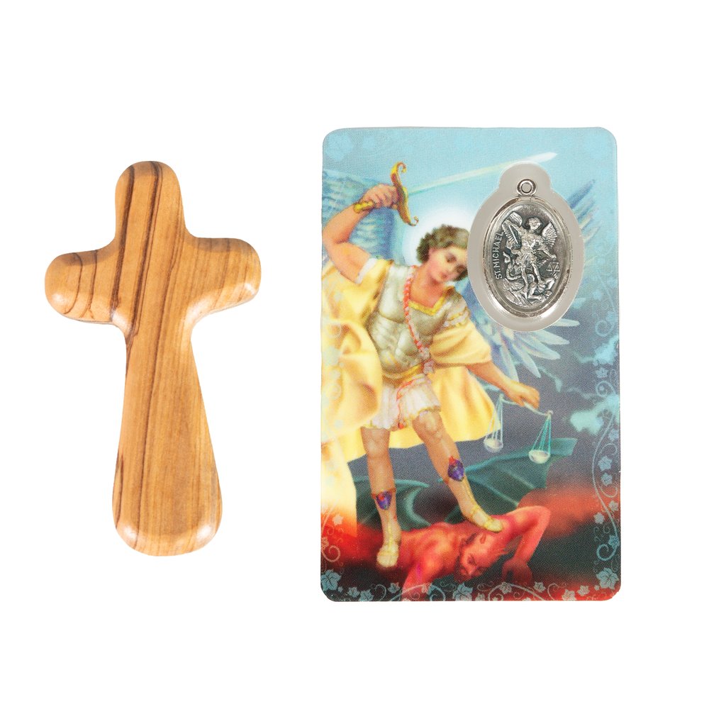 Holy Land St. Michael Prayer Card & Olive Wood Cross
