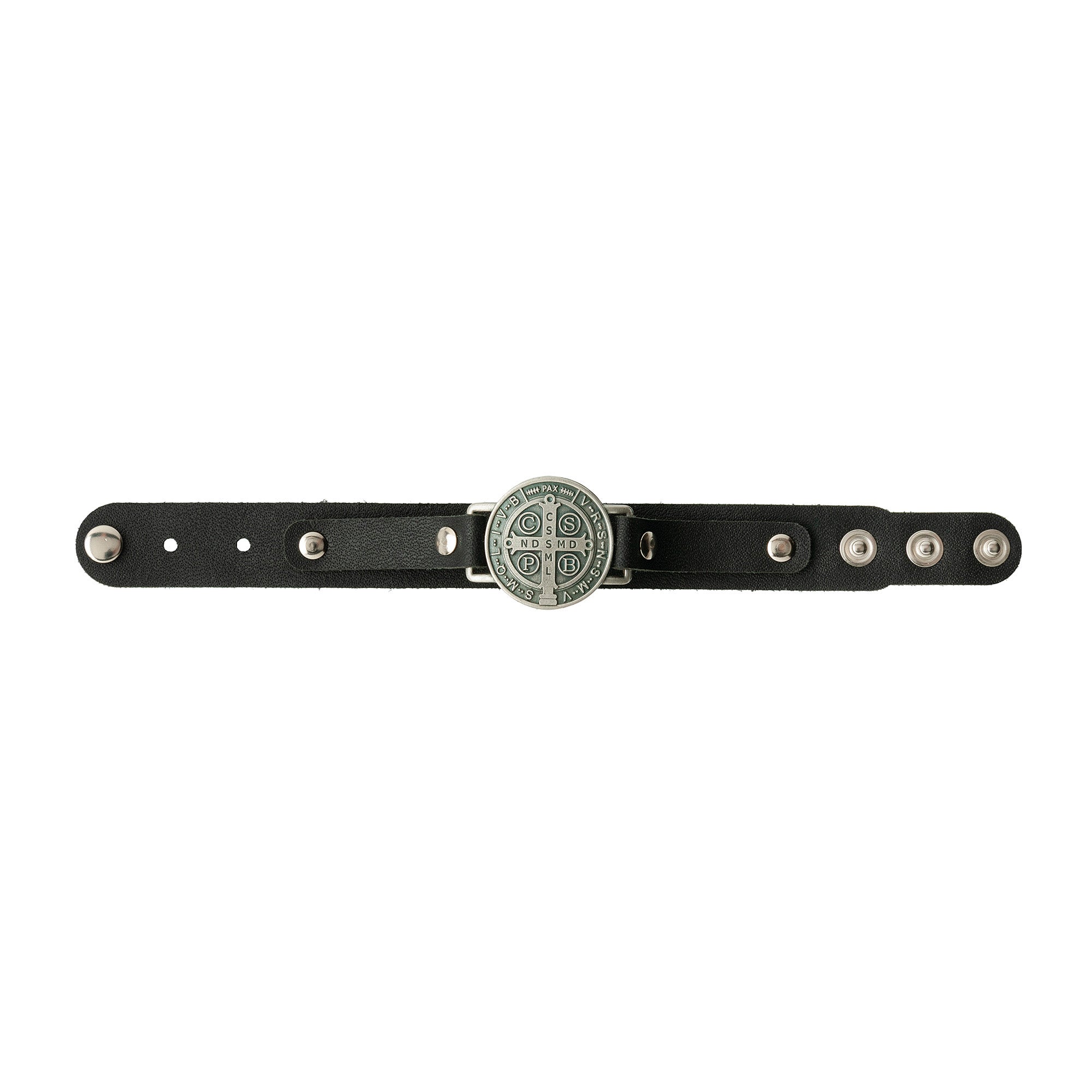 Leather Bracelet with snap closures and a silver St. Benedict medal at the center.