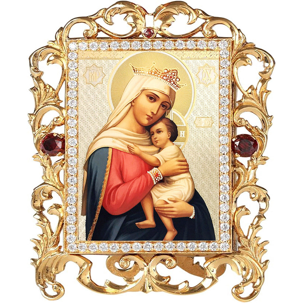 Gold Jeweled Frame Madonna Queen of Hope Icon - 4" x 3.25"