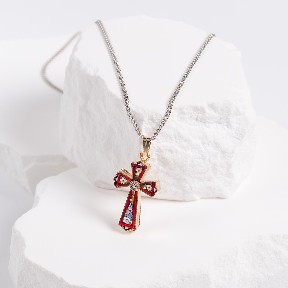 Gold & Floral Mosaic Cross Necklace