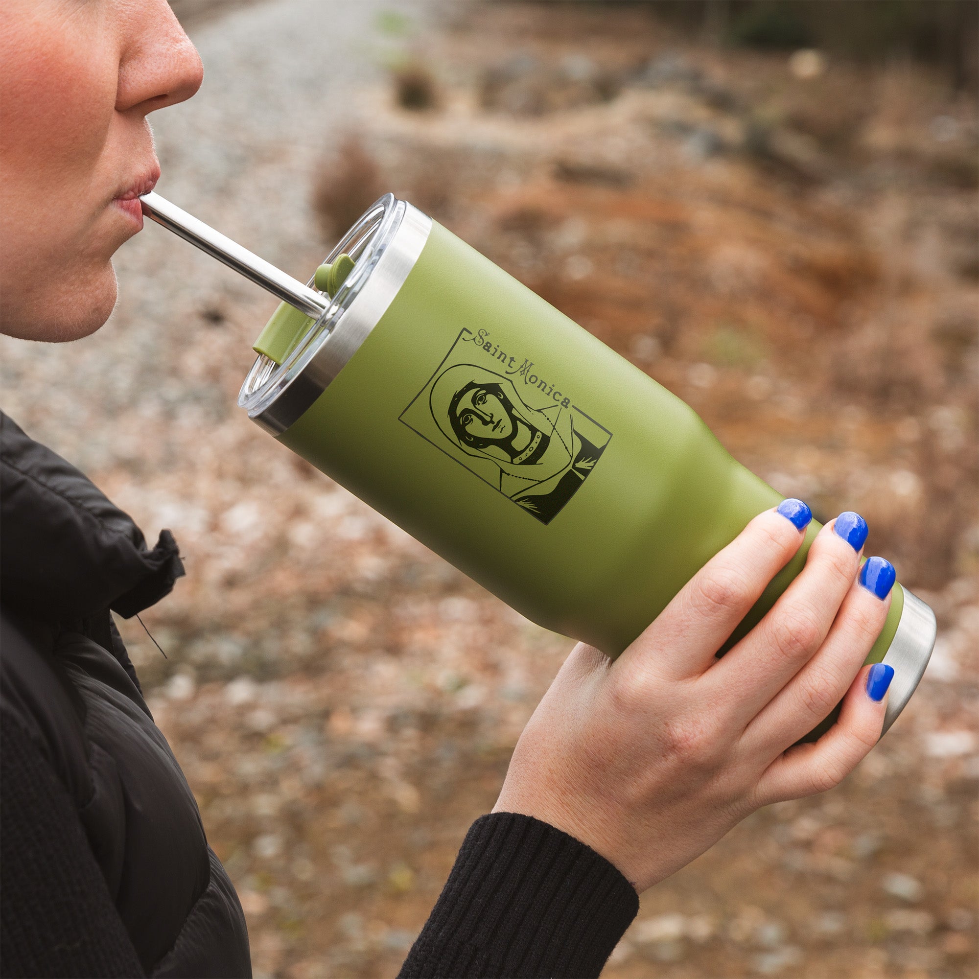 Green St. Monica Stainless Steel Tumbler with Straw