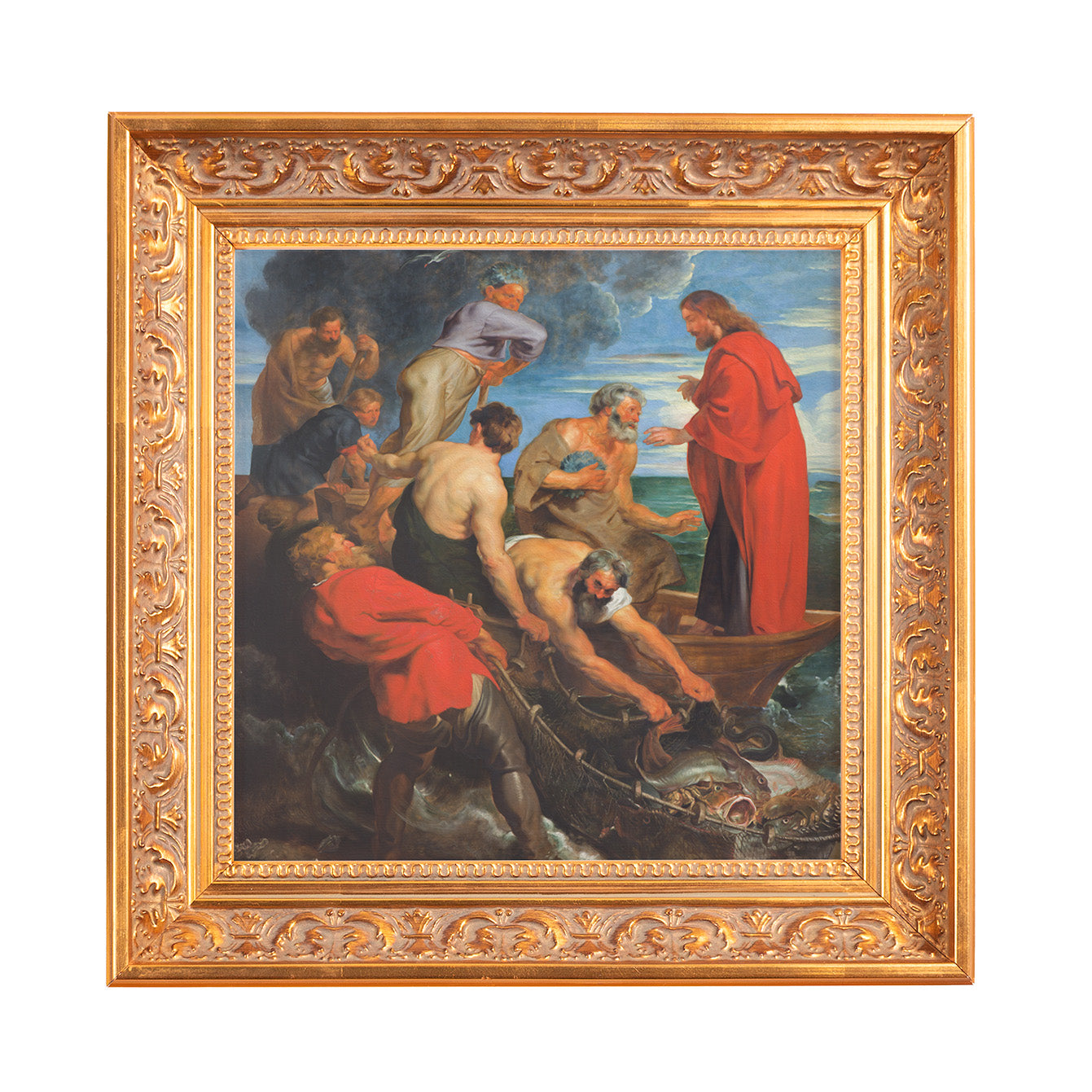Framed painting of The Miraculous Draught of Fishes with a gold ornate frame in Renaissance style.