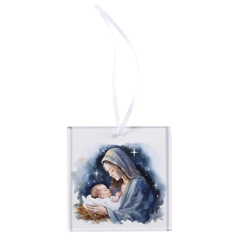 Rectangular Madonna & Child Glass Ornament - 3"