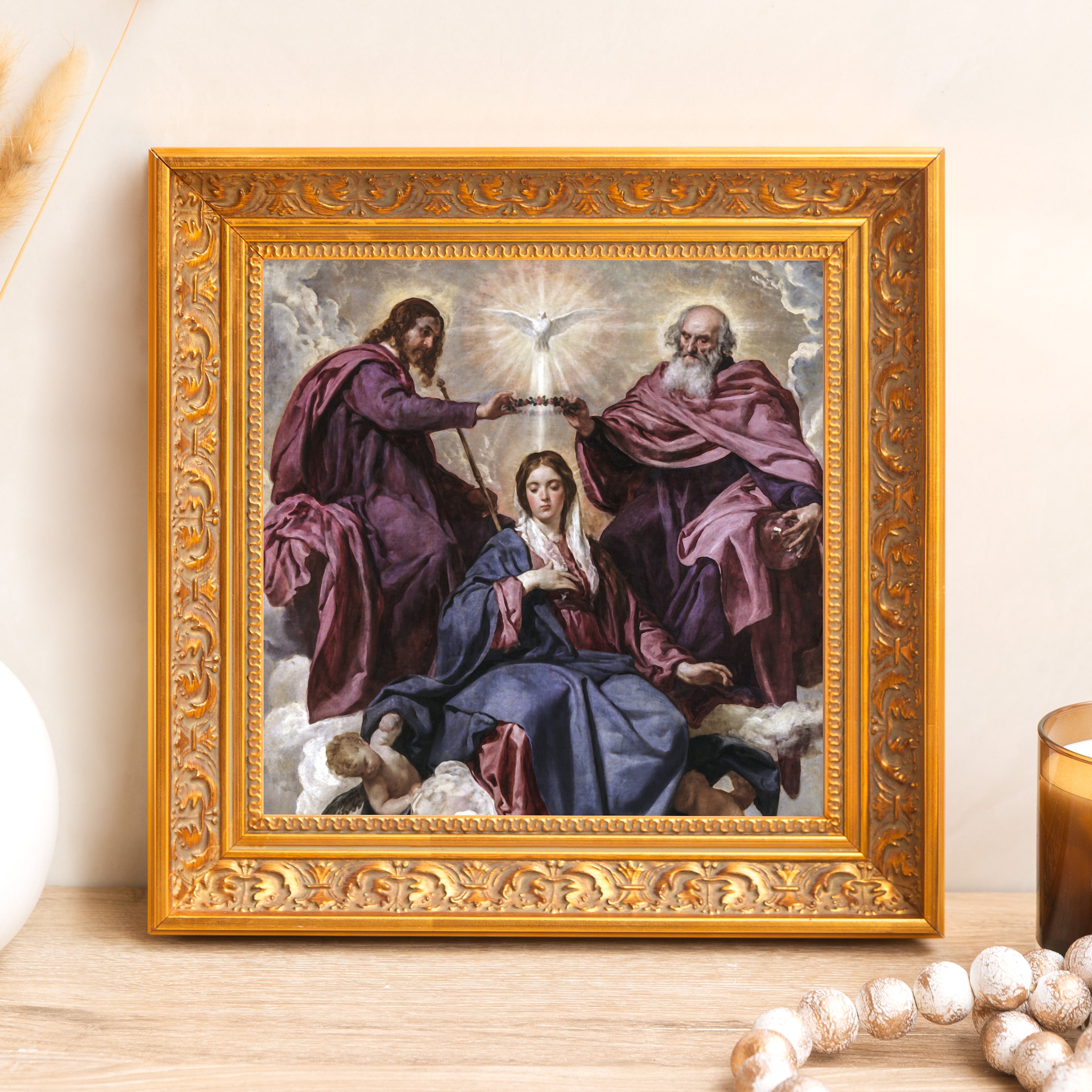 Framed painting of the Coronation of the Virgin in a decorative gold frame, Renaissance style art for wall decor.