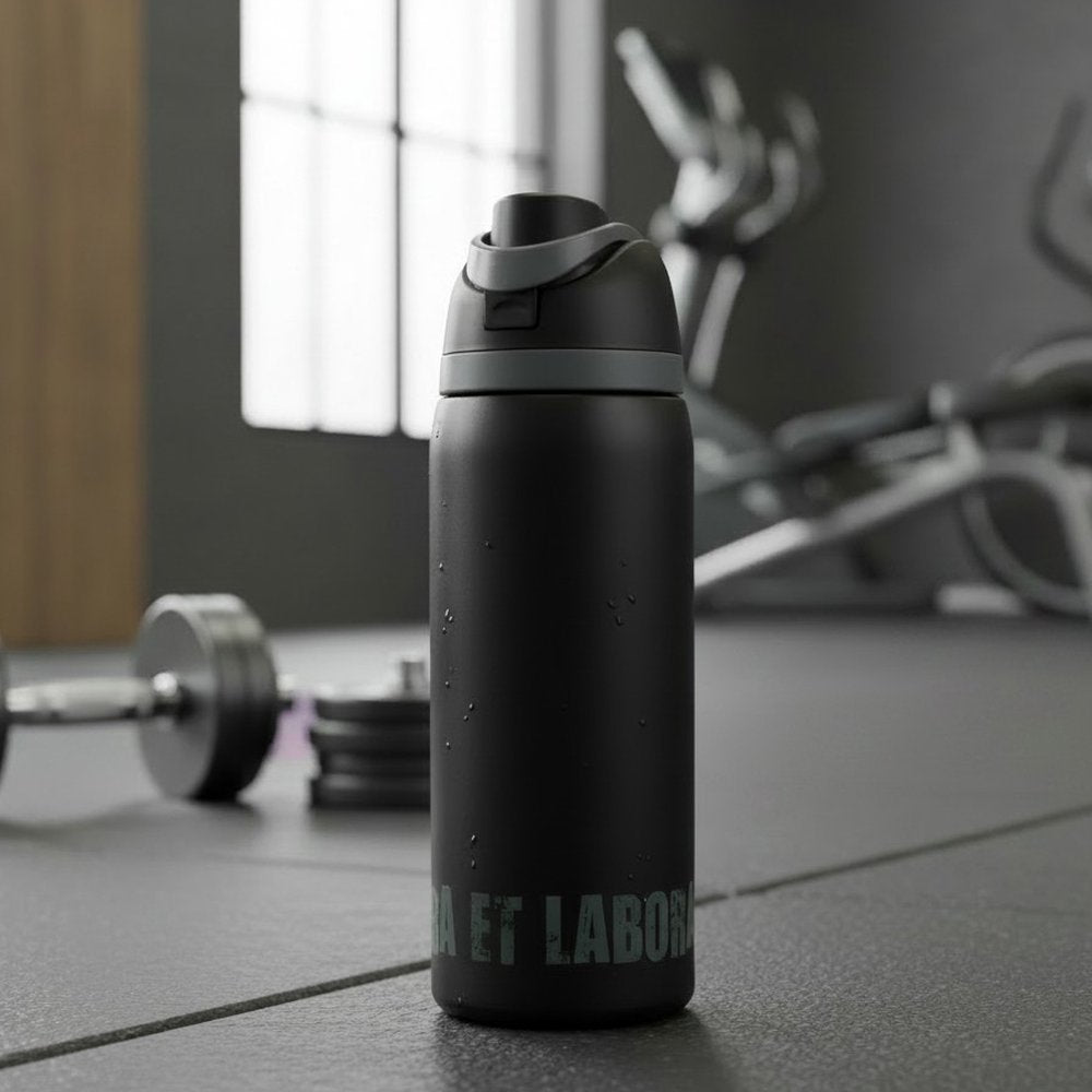 Black, metal water bottle with grey cap on gym floor, used for hydration during workouts.