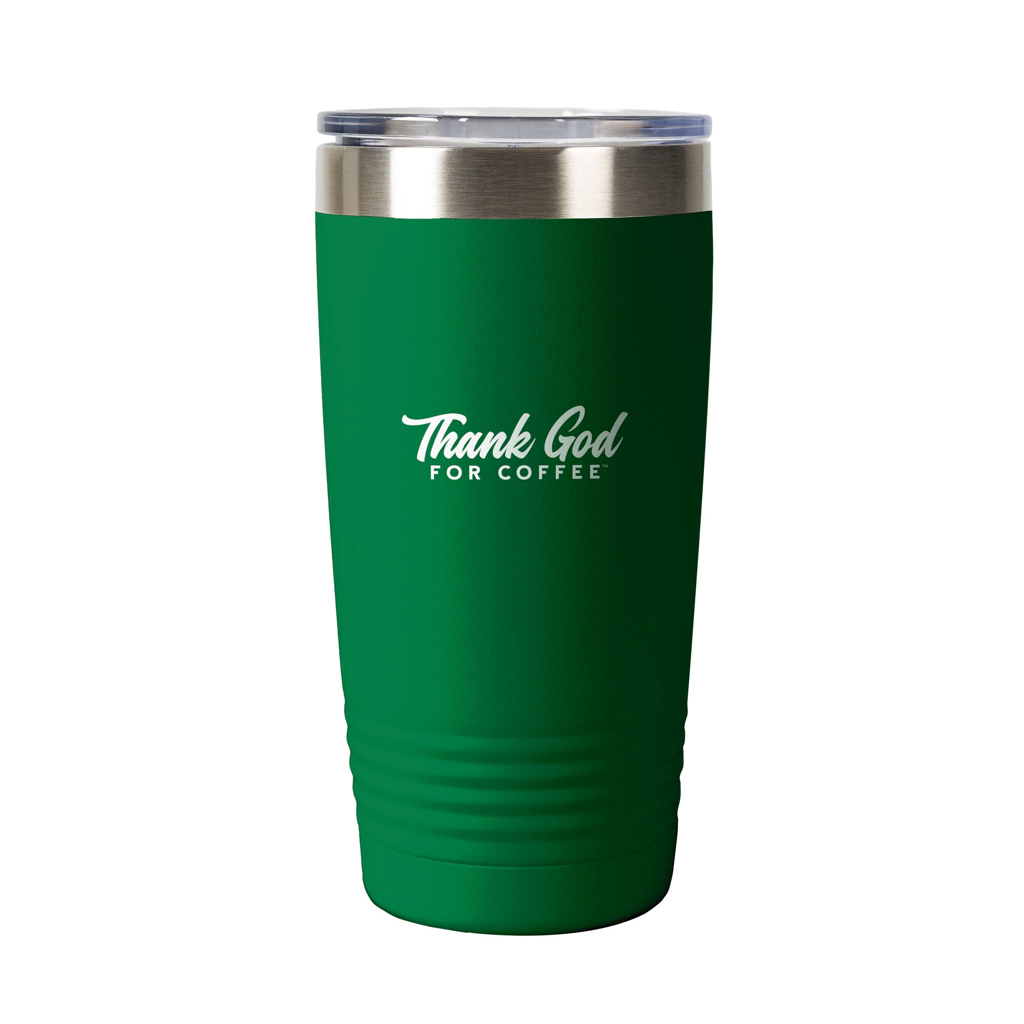 Green tumbler with "Thank God For Coffee" text and stainless steel trim.