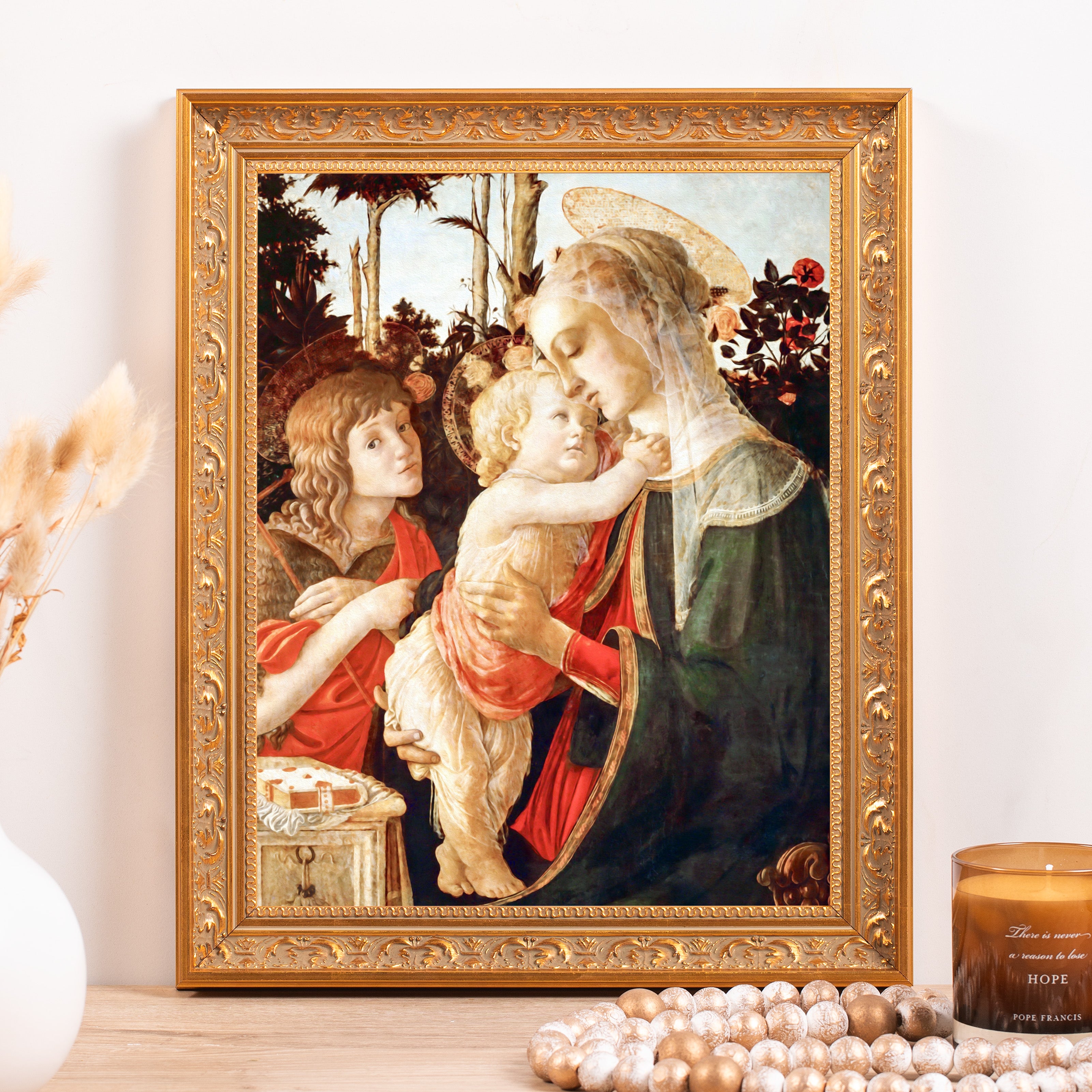 Framed canvas print of Mary and child with angel in gold ornate frame for decorative wall art piece.