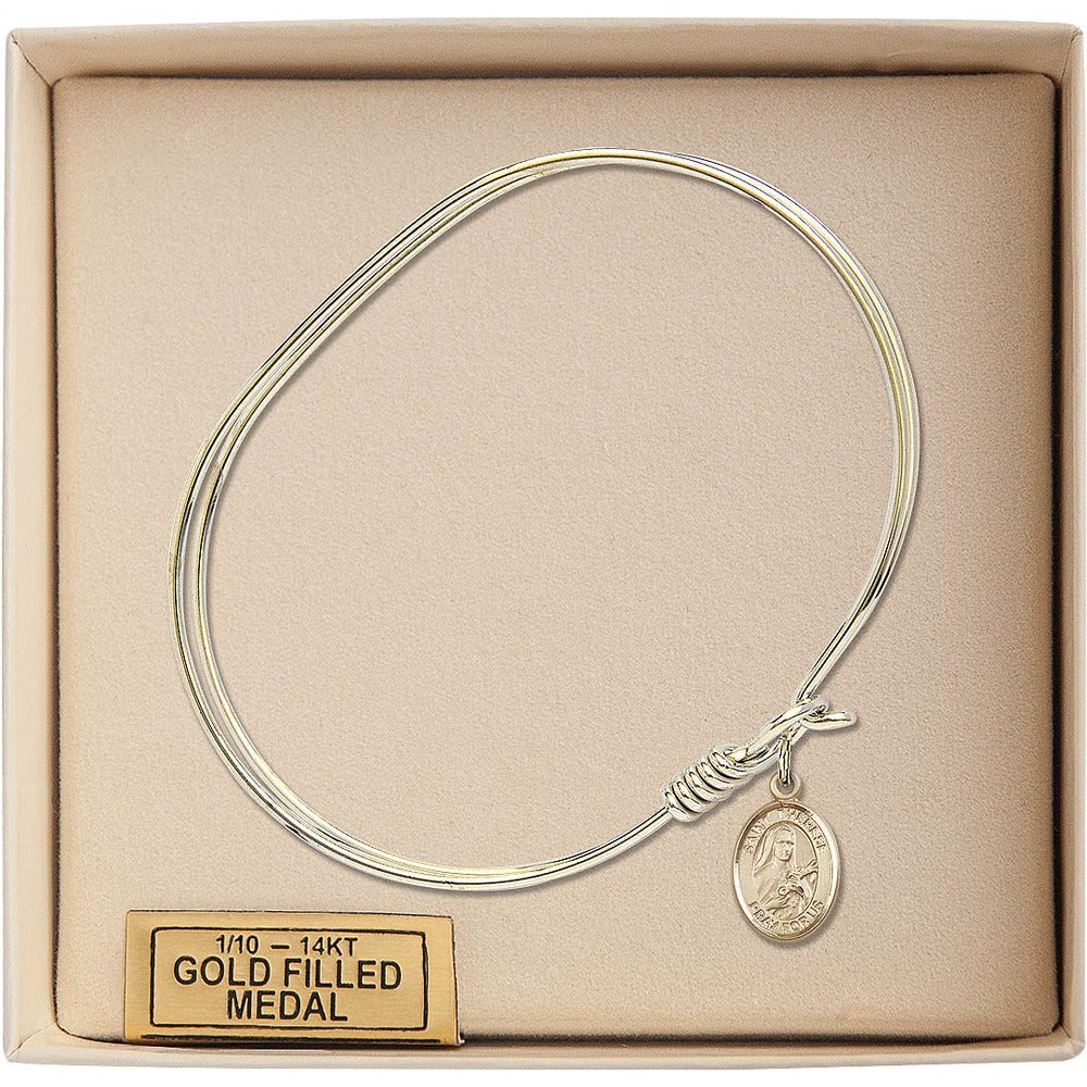 Adult 7" Oval Gold Plated Bangle Bracelet with St. Therese of Lisieux Medal Charm