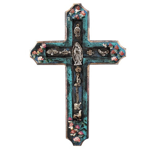 Mexican Handpainted Cross with Milagros & Our Lady of Guadalupe
